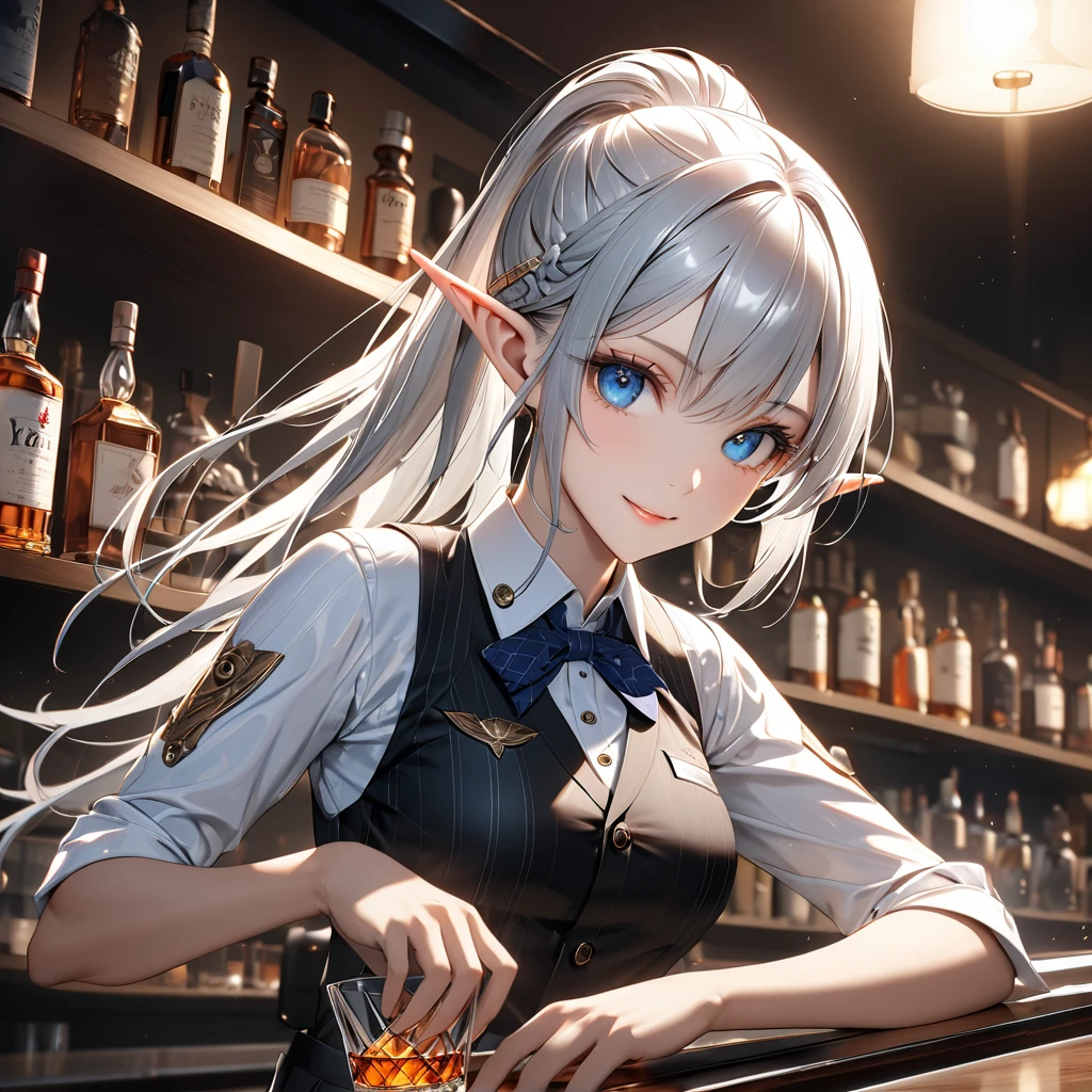 A beautiful woman is sitting and laughing, a beautiful woman with long gray hair, men and women are enjoying music and dancing at a bar, anime, heartwarming, medieval, bard, epic,