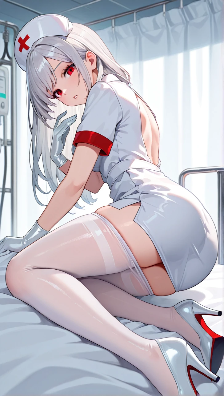 Mature nurse, looking up at the viewer, wearing white stockings, wearing a nurse uniform, wearing a stethoscope around her neck, holding an examination file, in an examination room