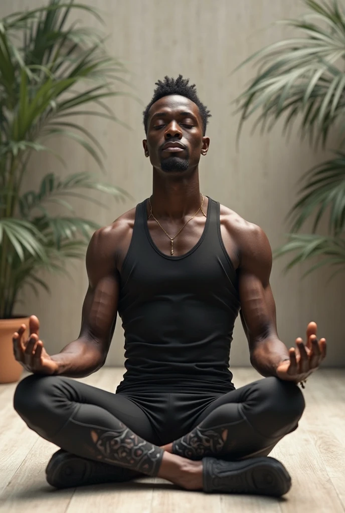 RAW, photo of a cute 21 year old black boy meditating in a beautiful garden wearing meditation cloths, eye close