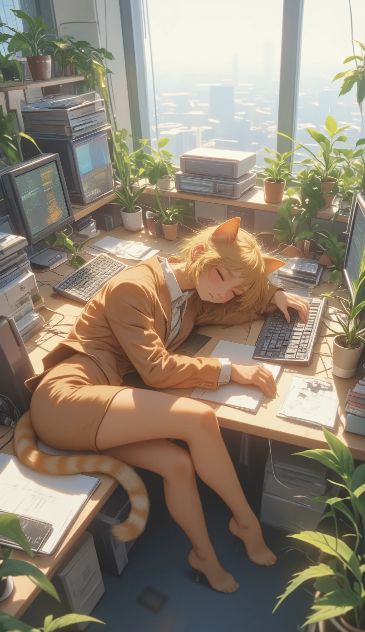 top quality, Super quality, 16K, incredibly absurd, very detailed, 2.5D, delicate and dynamic, Sexy orange cat girl, Working in the office, in a suit、is sleeping facedown on the keyboard
