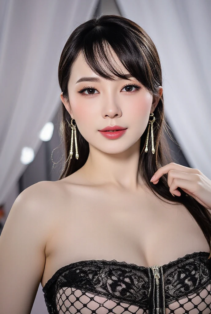 (highest quality:1.4), 32k resolution, (Realistic:1.5), (Ultra-realistic:1.5), High resolution UHD, (masterpiece:1.2), (Improvement of quality:1.4), 1 ultra hot lady, Supermodel, adult movies actress ,onlyfans model actress , Glowing Skin, Glittering earrings, Glittering Pendant, skinny, Quirky details, charm, Shiny black off shoulder dress, Sleeveless half-opened dress, Show me your side boob, waist up pose , upper knees pose , gray to White wall background, She herself reflects the light, Shallow depth of field, Contrasting, Very detailed, Dark eyes, Symmetrical eyes, Thin lashes, Sharpen your eyebrows, Natural Makeup, [Purple color lipstick], ((A great eye for quality:1.2)), (tired, Sleepy and satisfied:0.0), (Beautiful Lips:1.33), (Great nose:1.2), (Flat Chest), (Slim lower body), Shiny black hair, Let your bangs hang long, (half updo hair:1.21), ((Photorealistic)), ((Sharp Focus)), (Highest Resolution), ((The most ridiculous quality)), Movie Lighting, 
