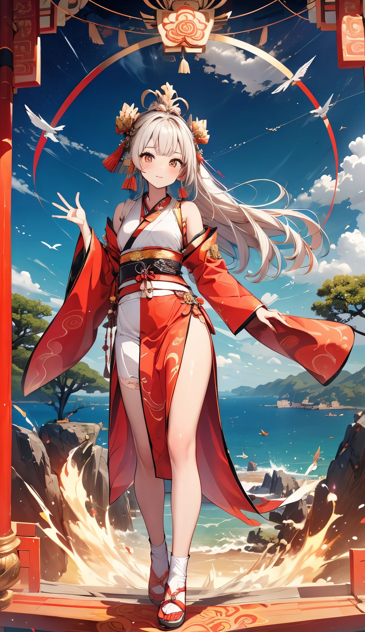 Official Art, Unified 8K Wallpapers, Ultra Detailed, Beautiful and Aesthetic, Masterpiece, Best Quality, (Zentangle, Tangle, Entangle), (fractal art: 1.4), 1girl, white hair, longness hair, Chinese, bare shoulders, comum short skirt, calf, navel, very detailed, dynamic angle, cowboyshot, (most beautiful form chaos), flowing, (bright colors), oc, (half: 1.2), in china, (thangka flying sky: 1.5), (ribbon: 1.3), (dream: 1.5), (hanfu: 1.5), Chinese phoenix, (smile: 0.5), (Chinese deity), full body, thicc coxas