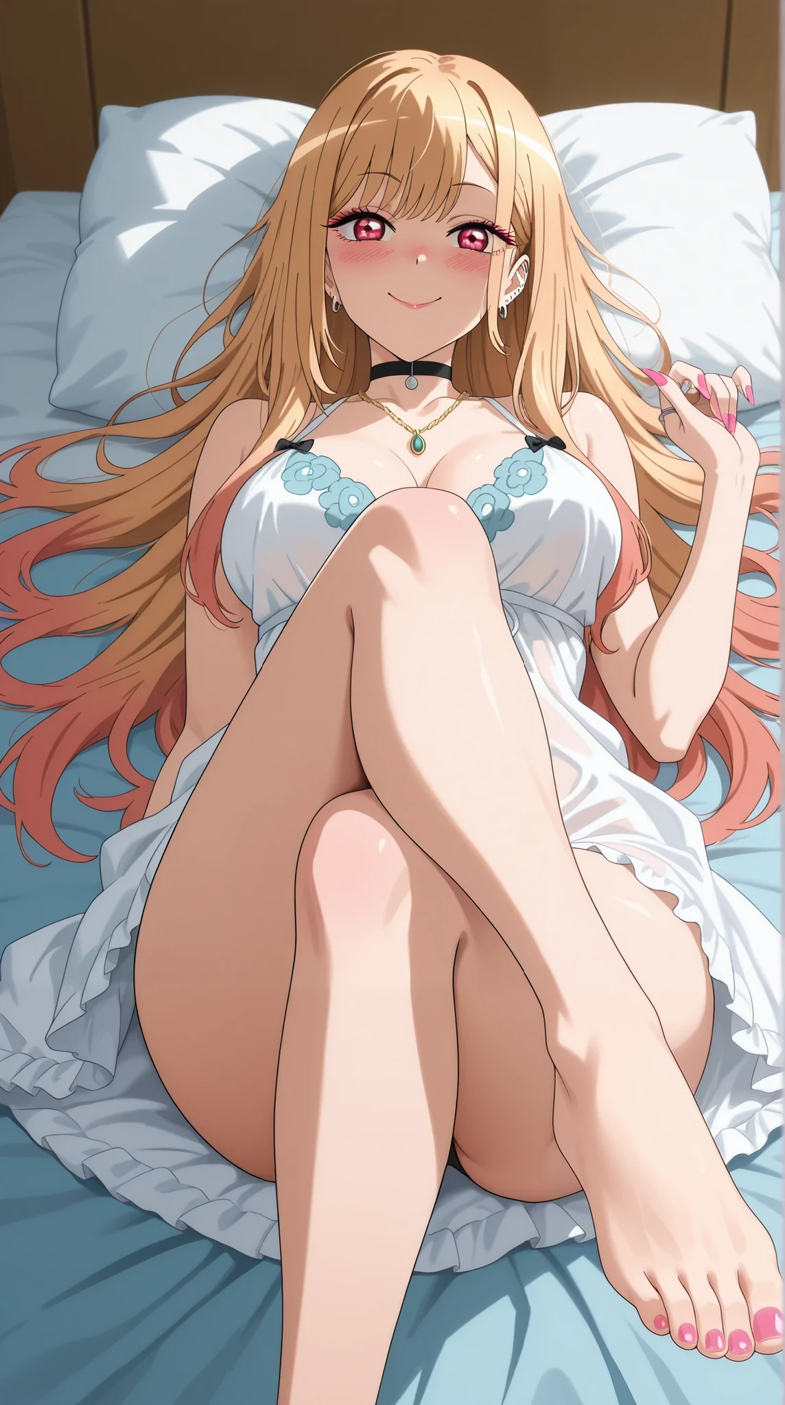 Marin Kitagawa, Posing very sexy, red eyes, anime style , completely lying down with her legs crossed, Sexy foot in the foreground, belle dita, toenails in the foreground with pink nail polish, sexy curled toes, slightly blush cheeks, intense look, long hair, seno medio, seen from the bottom, (capolavoro), She's wearing a sexy white nightgown, (solo)
