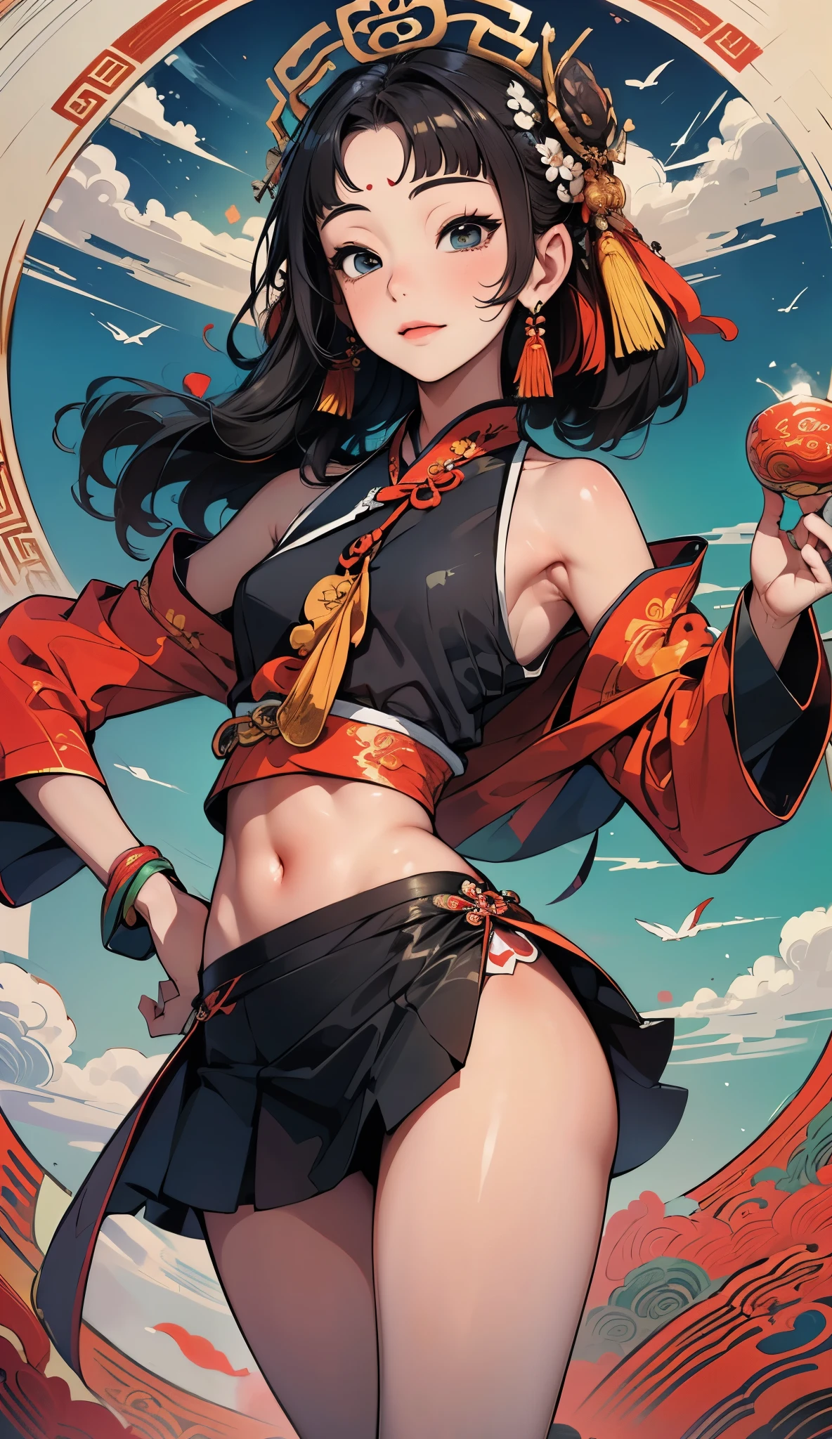 Official Art, Unified 8K Wallpapers, Ultra Detailed, Beautiful and Aesthetic, Masterpiece, Best Quality, (Zentangle, Tangle, Entangle), (fractal art: 1.4), 1girl, black hair, Chinese, bare shoulders, short skirt, calf, navel, very detailed, dynamic angle, cowboyshot, (most beautiful form chaos), flowing, (bright colors), oc, (half: 1.2), china, (thangka flying sky: 1.5), (ribbon: 1.3), (dream: 1.5), (hanfu: 1.5), Chinese dragon, Chinese phoenix, (smile: 0.5), (Chinese deity),