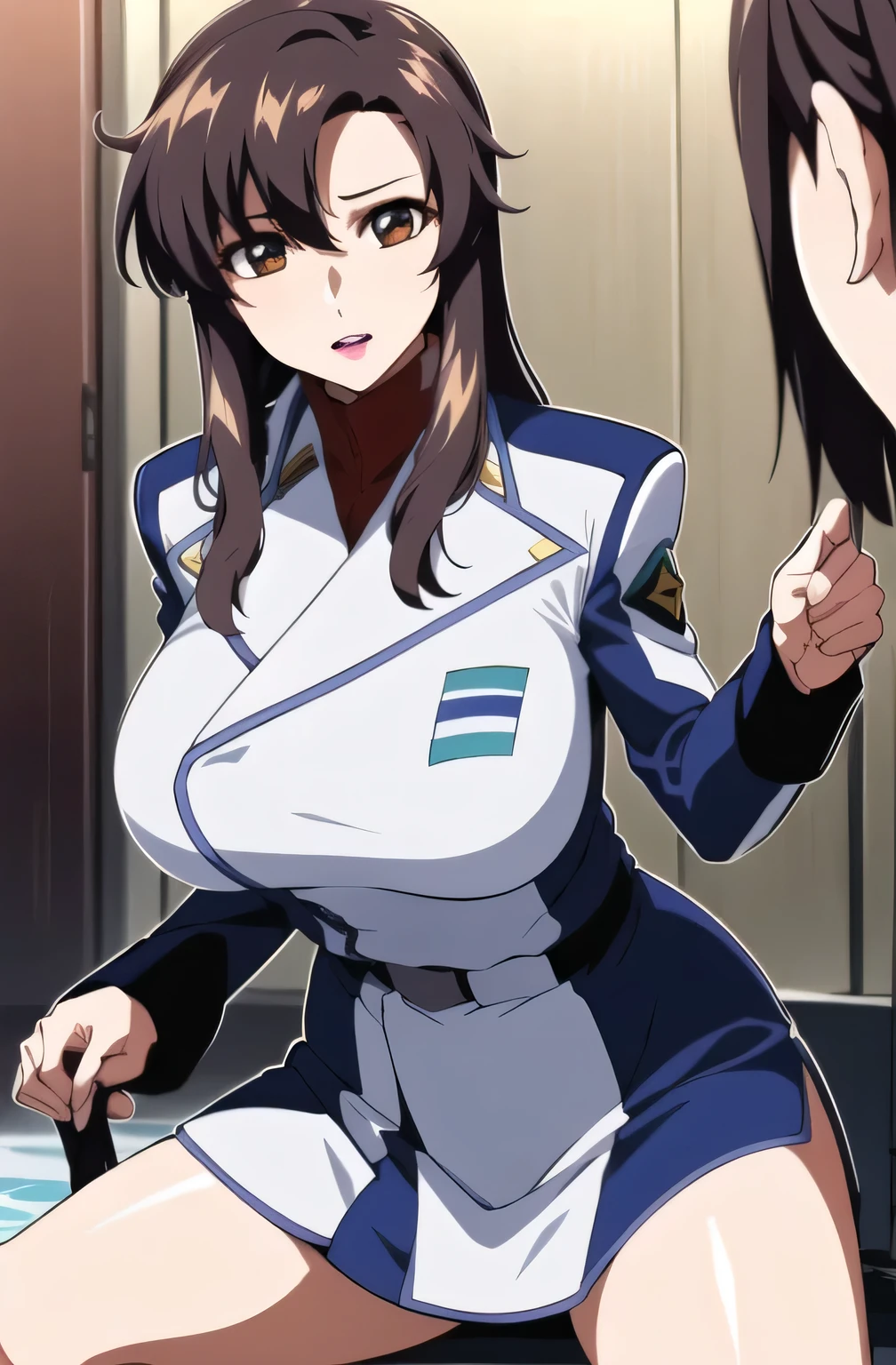 ((Please draw the length of the)),足を広げてblackパンティを見せびらかして,eyeの前にガーターベルト, 2-high stockings , faceの表情をさらに繊細に描いて下さい,40歳大人のcolor気のある女性,, When You Spread Your Legs , Please draw big breasts even bigger breasts,スカートの丈をさらに短く描いて下さいfaceの表情をもっと繊細に描いて下さい,The skin on the jacket is hidden by the uniform,That's enough for me,faceに表情をさらに繊細に描いて下さい, black , Please draw big breasts even bigger breasts,巨乳でも waist が細い,
military uniform, military, jacket, blue and white uniform ,Please draw a shorter micro miniskirt, my whole body,
前hair,茶color_hair, length_hair,red eye,lipstick,Compensate,
1 Girl, 40歳大人のcolor気のある女性,, young woman ,beautiful Finger,beautiful length legs,beautiful body,beautiful Nose,beautiful character design, perfect eye, perfect face,expressive eye, perfect balance ,
,(Focus on her face), I closed my mouth , (innocent_big_eye:1.0),light_笑face,
Official Art, very detailedCG 、 unity 8k 壁紙 , Full light,colorful, bright _Front _face_lighting, white skin,
(masterpiece:1.0),(Highest_quality:1.0), ,4K,very detailed,
photo shoot, 8k, High image quality, High image quality, absurd:1.2, Kodak Portra 400 , Film Grain , blurry background, Bokeh:1.2, dynamic pose , ( vibrant_color:1.2), プロの photo shoot ,
(beautiful,huge_White Chest Mens:1.4), (beautiful_face:1.5),(Narrow _ waist ),