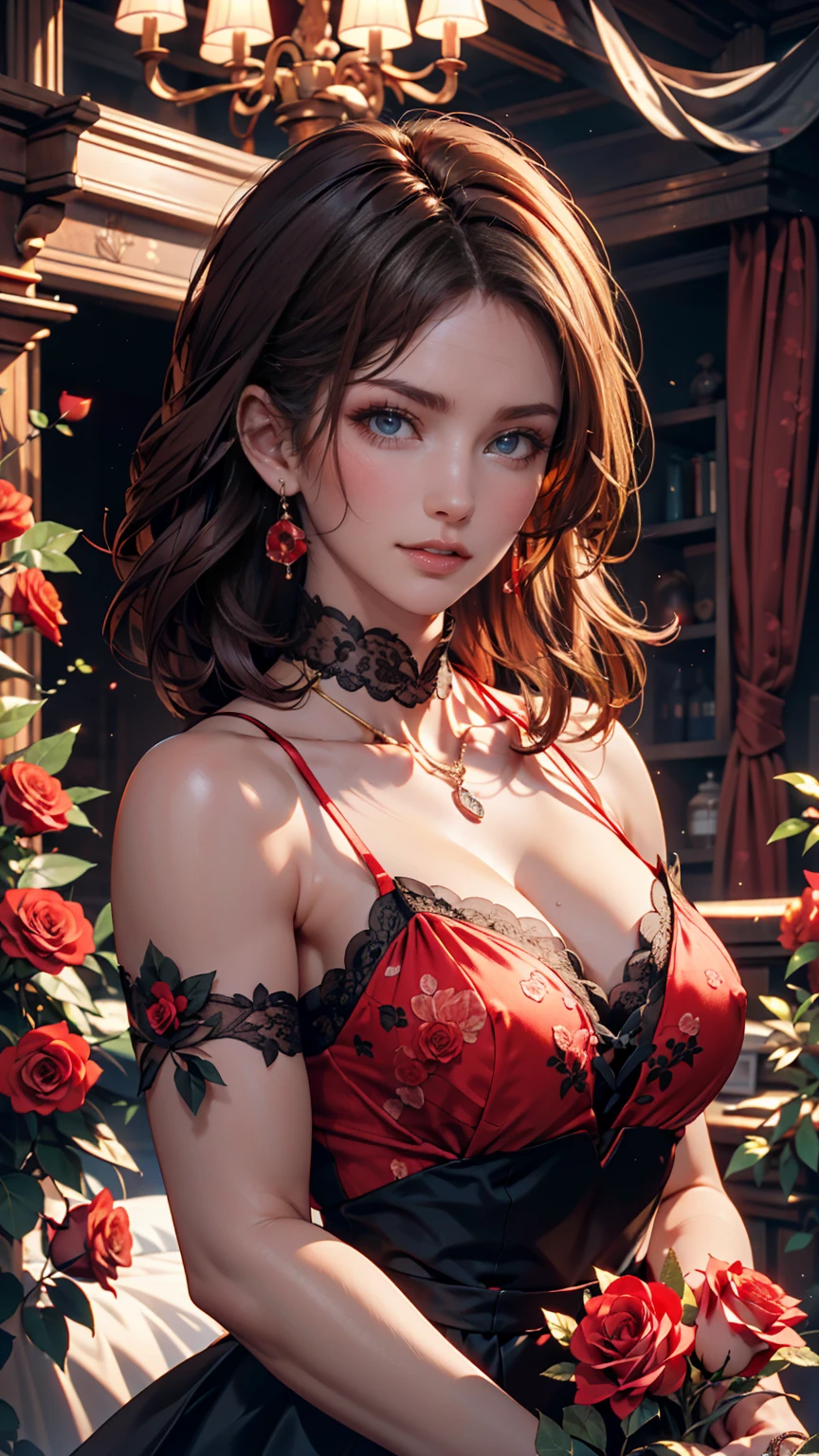 The 24-year-old girl, Very large breasts in a short European dress that shows cleavage、Black choker、Hair Flower((hair flower))、Palaces in France（Luxury)、Blonde、blue eyes、Rouge((rot))Lips pulled back