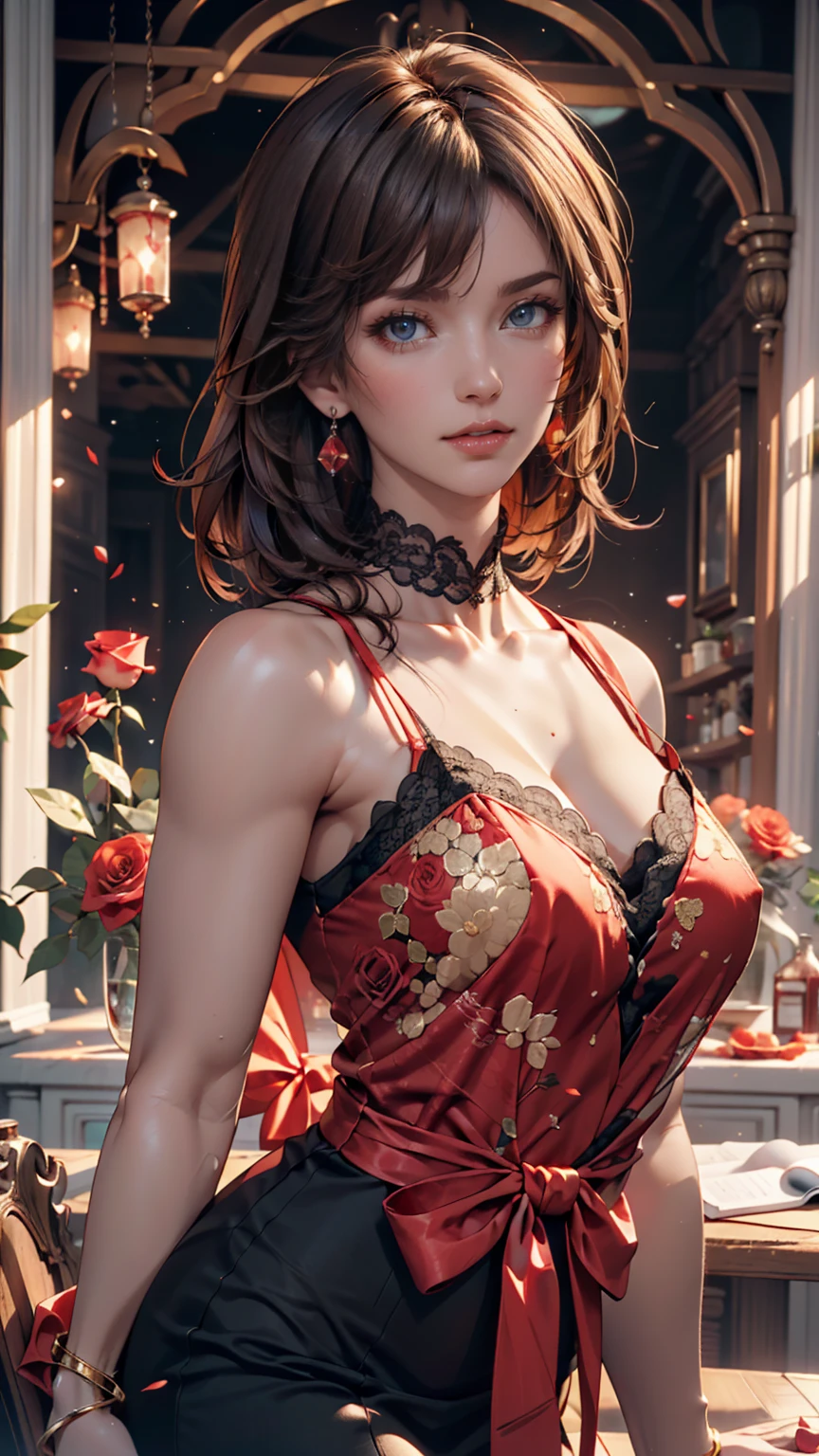 The 24-year-old girl, Very large breasts in a short European dress that shows cleavage、Black choker、Hair Flower((hair flower))、Palaces in France（Luxury)、Blonde、blue eyes、Rouge((rot))Lips pulled back