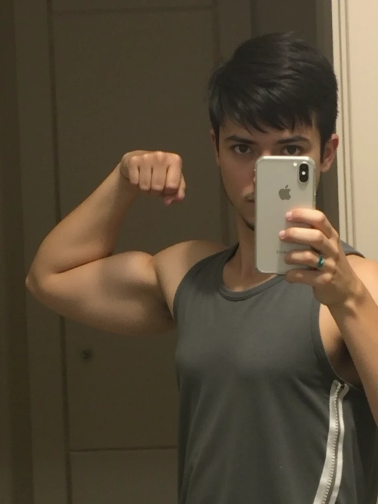 there is a man taking a selfie in a mirror, showing off biceps, showing off his muscles, flexing large muscles, big biceps, muscles, armpit, wearing a muscle tee shirt, big muscles, large muscles, muscular!!, posing and flexing, big arms, hairy arms, wearing a low cut tanktop, korean muscle boy 2 1 years old,hypermuscle