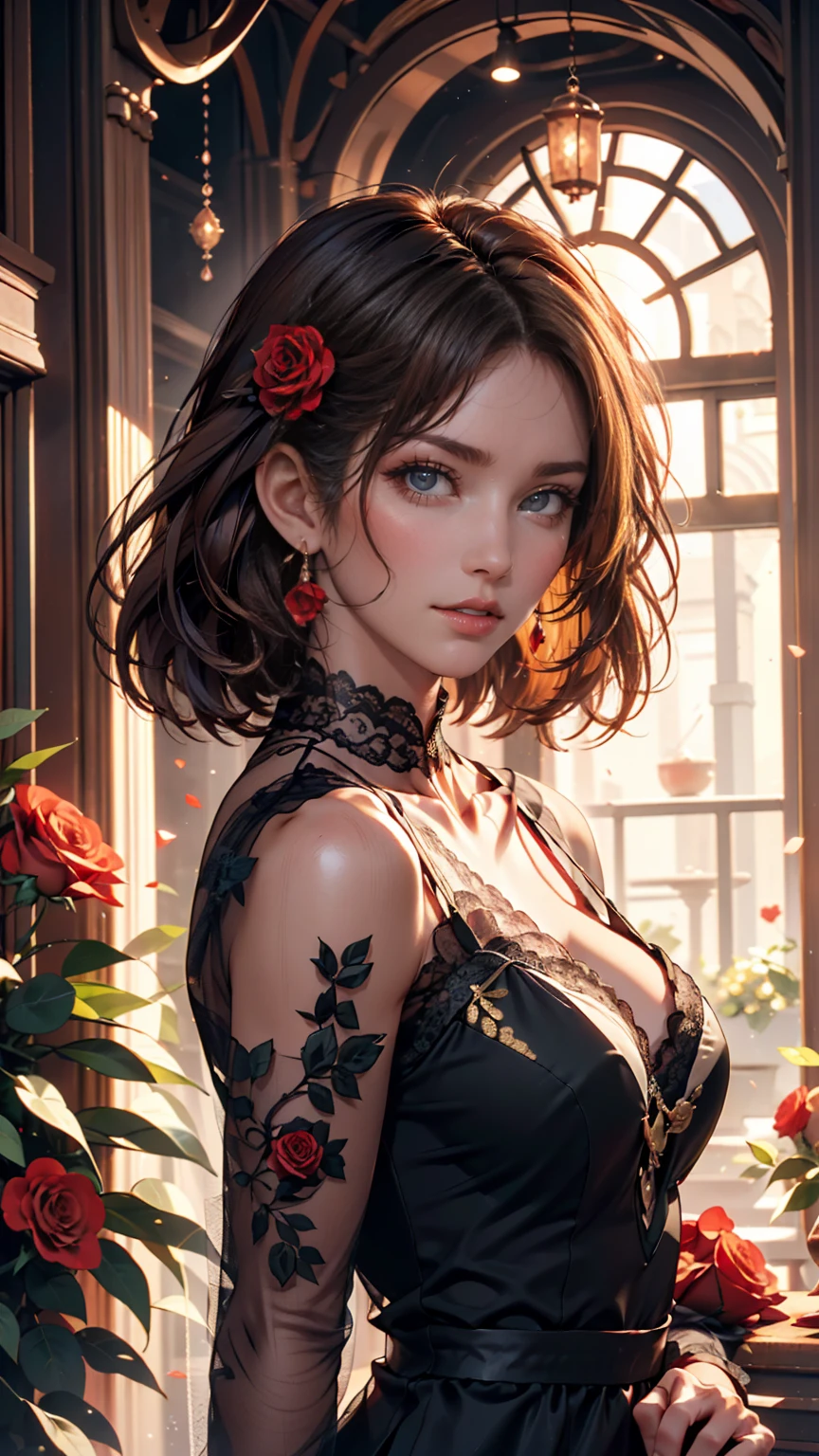 (masterpiece, best quality), photorealistic illustration, mature woman, flower dress, colorful, darl background,flower armor, complementary colors theme,