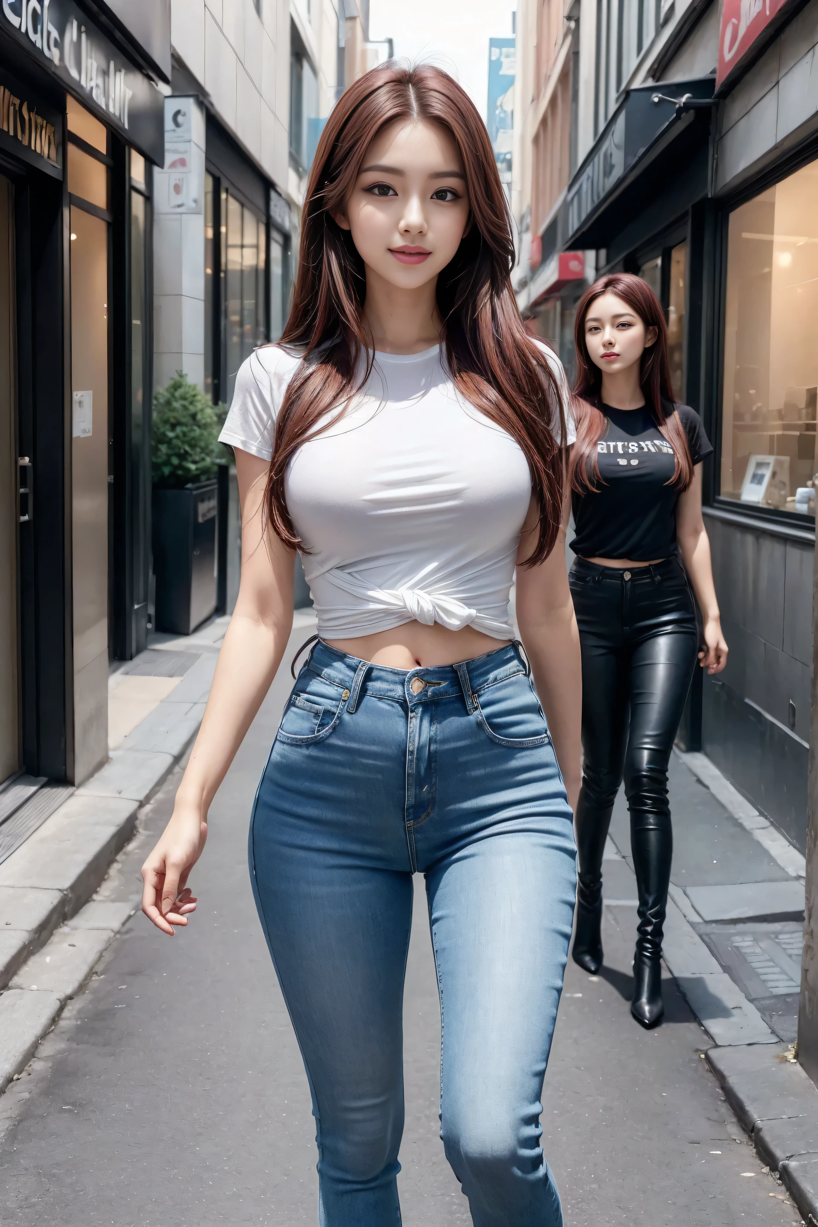 ((Realistic lighting, best quality, 8K, masterpiece:1.3)), Lock focus:1.2, Beautiful woman with perfect figure:1.4, 3 beautiful Korean girls, Korean pop idol,Leg length,(Pale skin), (big eyes),(Smile:0.8),(Plump and sexy lips), Complex and detailed face, ((Super delicate skin)),Delicate face,Ultra-thin face,Fine Eyes,Double eyelids,((Dark red hair)), (White lace underwear:1.4),Background Shibuya street,Large depth of field,Ultra-thin face,Fine Eyes,Double eyelids,(Start from below:1.attitude,(Mid-chest:1.2),Sexy long legs, (Thigh gap:1.5),Wide hips,S-Shaped Body, Hips lifted,Leg length,Light blue skinny jeans,Full body proportions from the front,Over-the-knee leather boots,