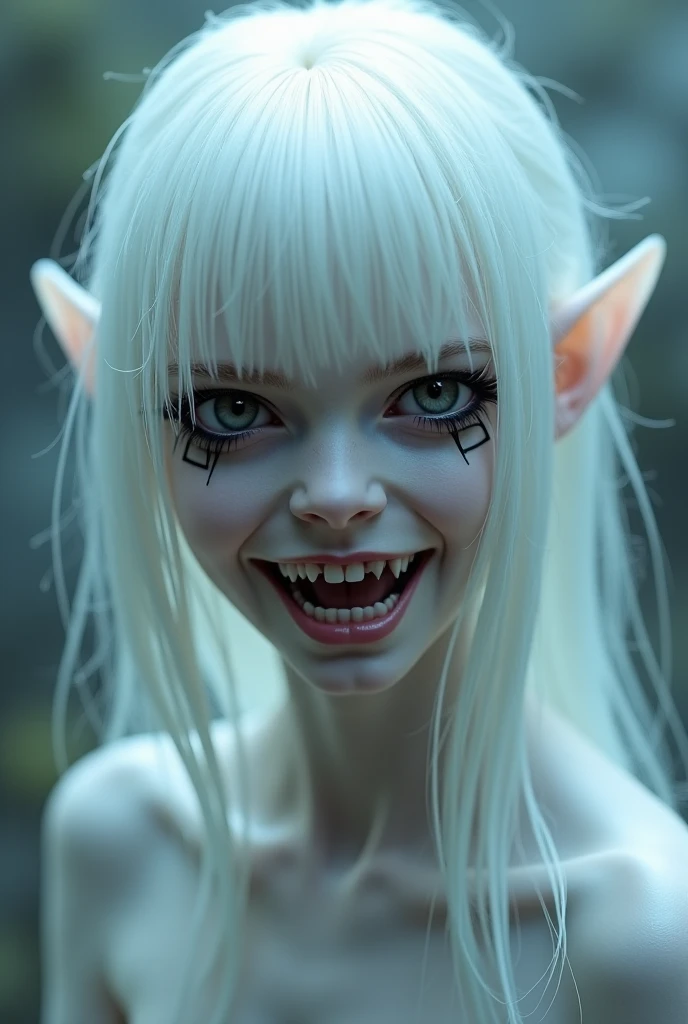 a white-haired demon with horns, highly detailed, intricate, cinematic lighting, dramatic pose, dark and moody atmosphere, deep shadows, realistic skin texture, glowing eyes, sharp teeth, powerful expression, dramatic lighting, cinematic composition, muted color palette, realistic rendering, epic fantasy style