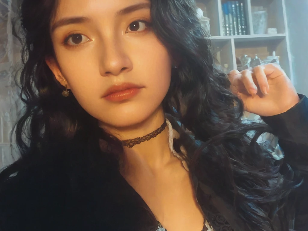 1girll,(enchanced quality:1.4),(Top quality true texture skin), Delicate face,Black hair, Gradient hair, Petite body,(perfect bodies:1.1), There are precious stones on the forehead, rimless eyewears, Sparkling pupils,long eyelasher,grin, hyper photorealism, Cinematic lighting, projected inset, surrealism, hyper HD, Masterpiece, 16k,Lie down,dream on,Wear transparent silk pajamas,Carmelto,Legs slightly open,Tattooed with,Fantasy space,Luxurious space