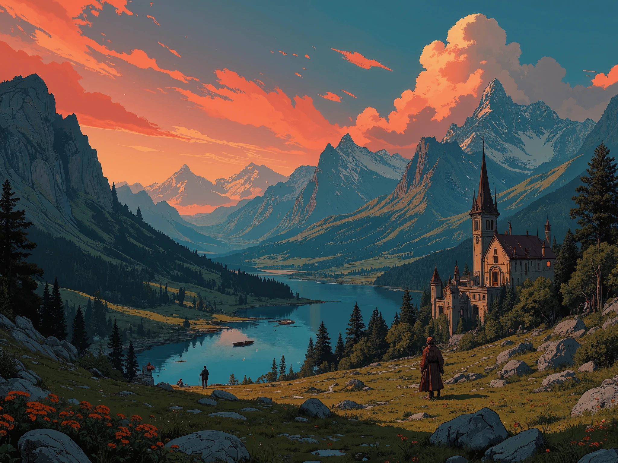 (( (anime style),(4k), (epic composition), (best quality), (masterpiece), (extremely detailed), (immersive background))). (( highly detailed, vibrant colors, dynamic posing, intricate designs, dramatic lighting, playful atmosphere, masterpiece, best quality, inspired in world seven wonders)). A place between mountains with a large river that crosses the horizon, around this river a field with forests rich in life both lively and diverse in plants, the landscape transmits tranquility and a warm embrace of an early dawn that dyes the sky with some clouds that surround the horizon with a vivid reddish orange that blends with the dark colors of the night that is coming to an end. On the river some fishermen use small boats to start their fishing routine early with their nets while others row to where there may be fish in the river. In a small medieval mansion is illuminated by the first rays of sunlight that are arriving.