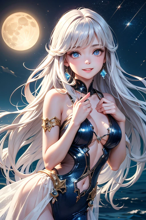 anime girl with long white hair and a star in her hair, white haired deity, anime girl with cosmic hair, star(sky) starry_sky, anime visual of a cute girl, splash art anime , white glowing aura, girl with white hair, ethereal anime, akasuki voidstar, celestial aura, nightcore, anime moe artstyle