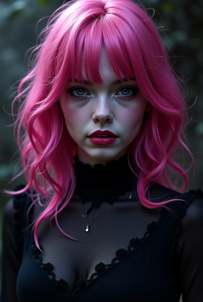 18 year old woman, sexy,Hot, pink hair,pink eyes, thick lips, with freckles, Ravenclaw, two half pigtails
