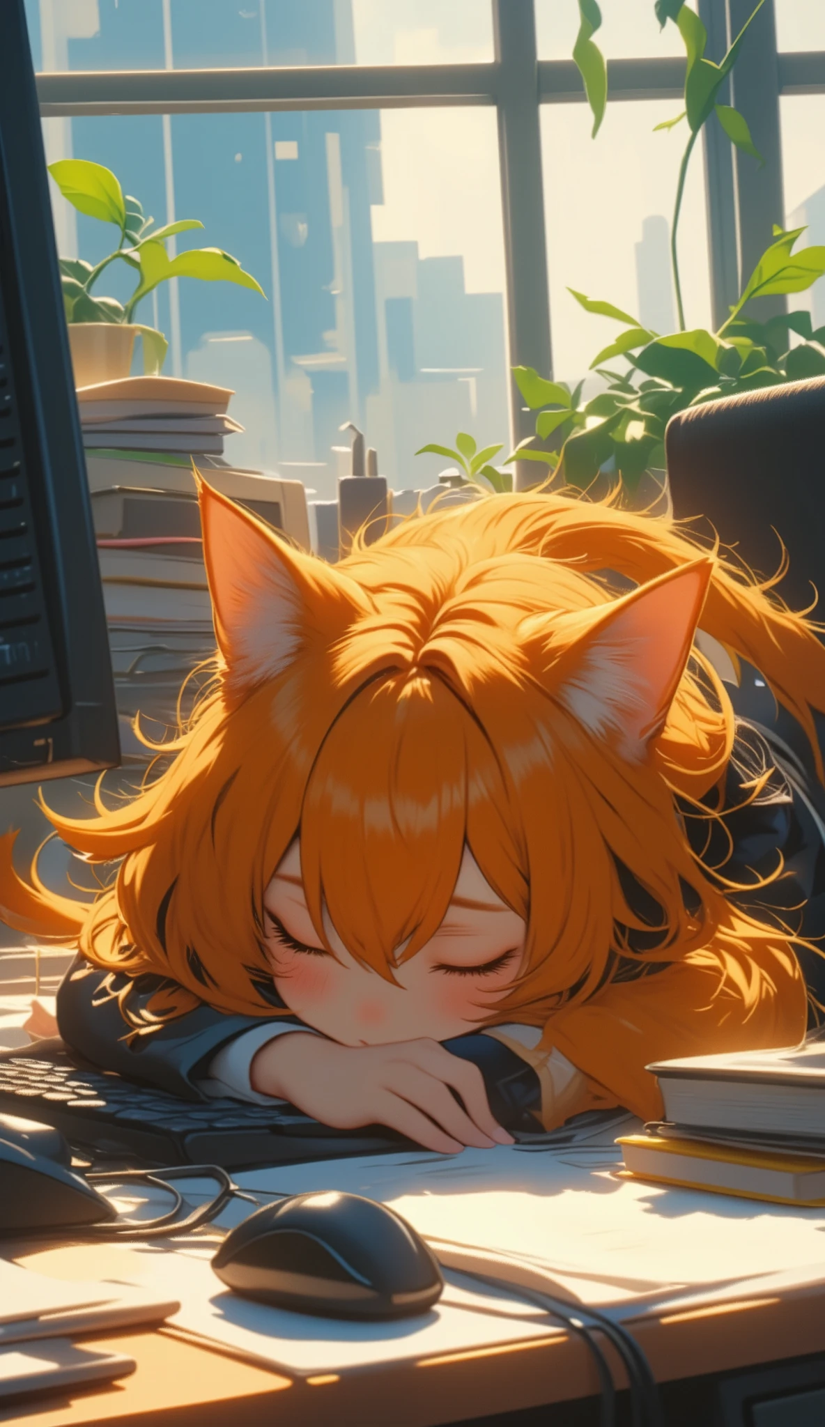 top quality, Super quality, 16K, incredibly absurd, very detailed, 2.5D, delicate and dynamic, Sexy orange cat girl, Working in the office, in a suit、is sleeping facedown on the keyboard