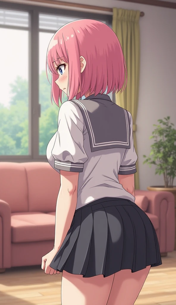 1girl, alone, ichika nakano, 2d, masterpiece, best quality, anime, very detailed, big breasts, medium waist, wide hips, round butt, cowboy shot, pink hair, short hair, white shirt: 1.4), open shirt ,bra with black lace,(green pleated skirt 1.4),short skirt,bedroom, room,standing, looking at viewer,from behind,pov (from below),perfect anatomy,perfect hands