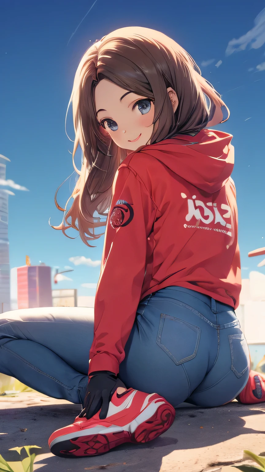 1girl ass brown_hair denim gloves goggles goggles_on_headwear helmet highres hood hoodie jagi_(jagi_souken) jeans long_hair looking_back motorcycle_helmet nike_(company) pants shoes simple_background smile sneakers solo toki_ayano yurucamp