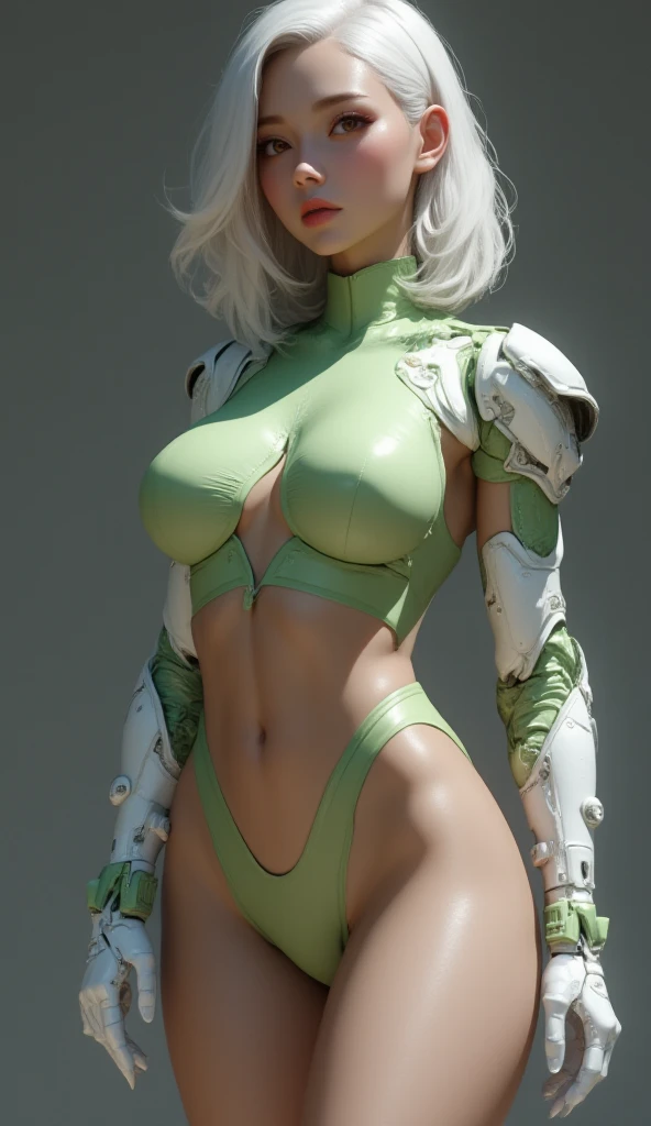 ((best quality: 1.5)) ((masterpiece: 0.8)), intricate details, sharp focus, professional, photorealistic, real life, realistic representation of the face, ((((solo, 1girl) athletic assassin, (albino, albino, joyful expression, metallic lipstick, (mechanical arm, cyborg, [flat chest:medium breasts:0.3], underboob))))) bright glow, dynamic pose, ugly face, in the style of realistic and hyper detailed renderings, dark room, dark background, black background, solo, BREAK; BREAK (((smirking, dark wavy hair, blackout gothic eyeshadow, black lips))), (freckles: 0.7), ((body tattoo: 0.3)), ((fujicolor)), BREAK; BREAK ((((medieval (matte green armor:1.0, ((blades))), (underboob)), photorealistic, hyper-realistic)))