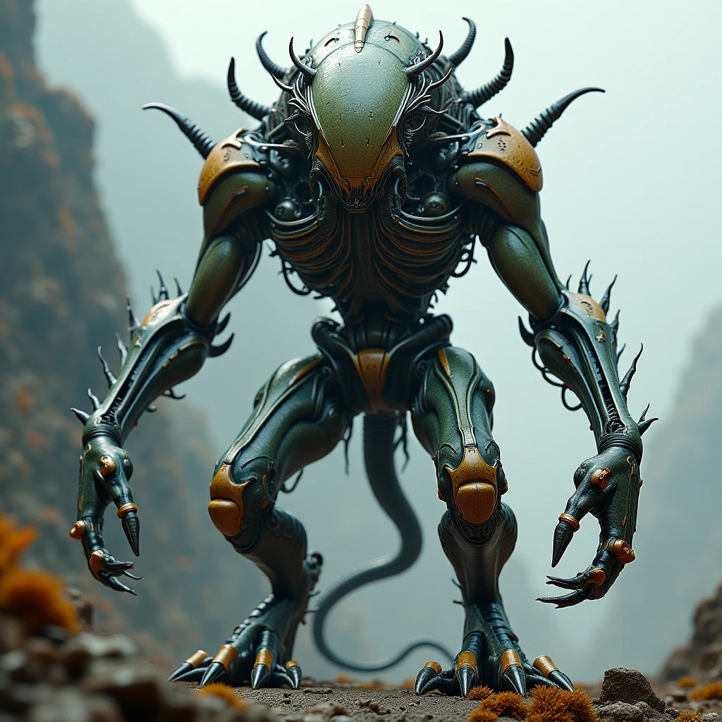 A robot with a trilobite-like brain、Detailed skin、Actual item、in the forest、moss、Medieval Armor、Ancient Technology、royal coat of arms