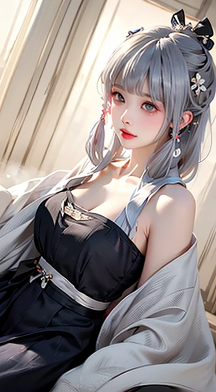 Transcendent beautiful girl with white hair and blue eyes、Dressed as a sexy Japan samurai。That white hair swayed in the wind、Blue eyes glow passionately。She wears a traditional samurai costume、A revuesome kimono and helmet add to the charm.。Kimono with sexy design、Part of the beautiful skin is exposed.、Its attitude emphasizes confidence and attractiveness。Although she has the spirit of bushido、Embodying the harmony of beauty and strength。I wear clothes with a lot of exposed skin。