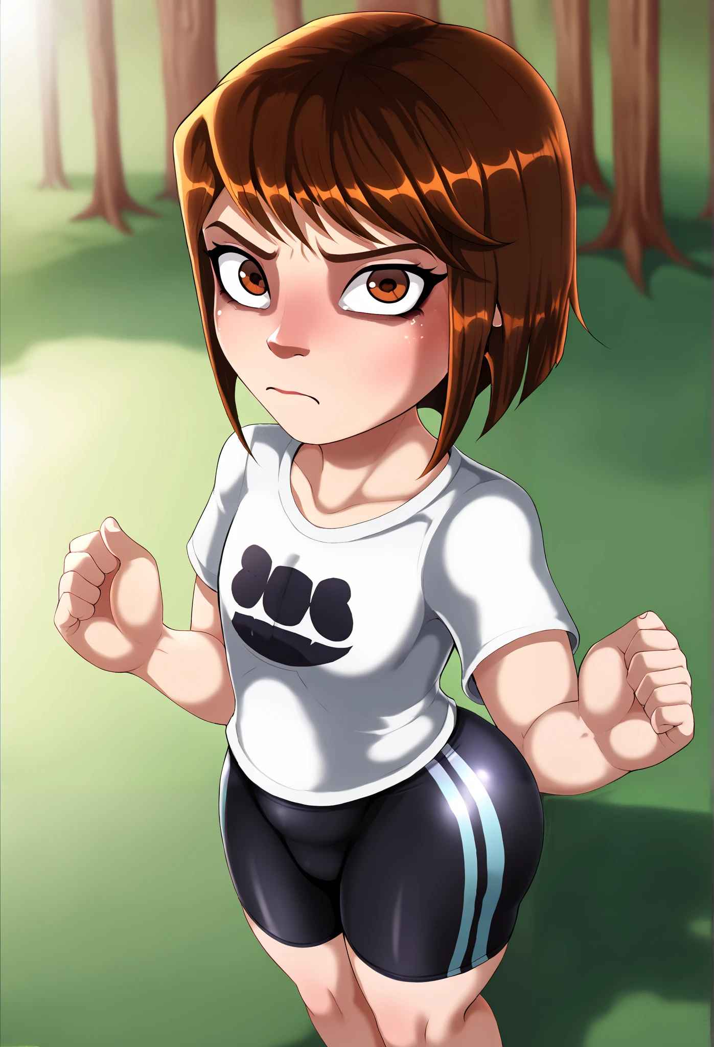 shadcom, shadman, shadbase artstyle, score_9, score_7_up, 1girl, solo, white T-shirt, black bike shorts, green forest background, presenting, curvy, cute girl, little, young girl, , short girl, jailbait, age 13, d, minor, solo, medium brown hair, brown eyes, middle school girl, age difference, innocent, ish, bratty, cute, immature, juvenile, younger girl, 120 cm in height, slimthicc, from above, ish, ish face, bratty face, shortstack, kindergartener, tight body, cheeky, angry, scared, sad, looking up at viewer, early s, big butt, bare feet, presenting, tiny nipples, nipples aren't visible, flat chest, chest covered by shirt,