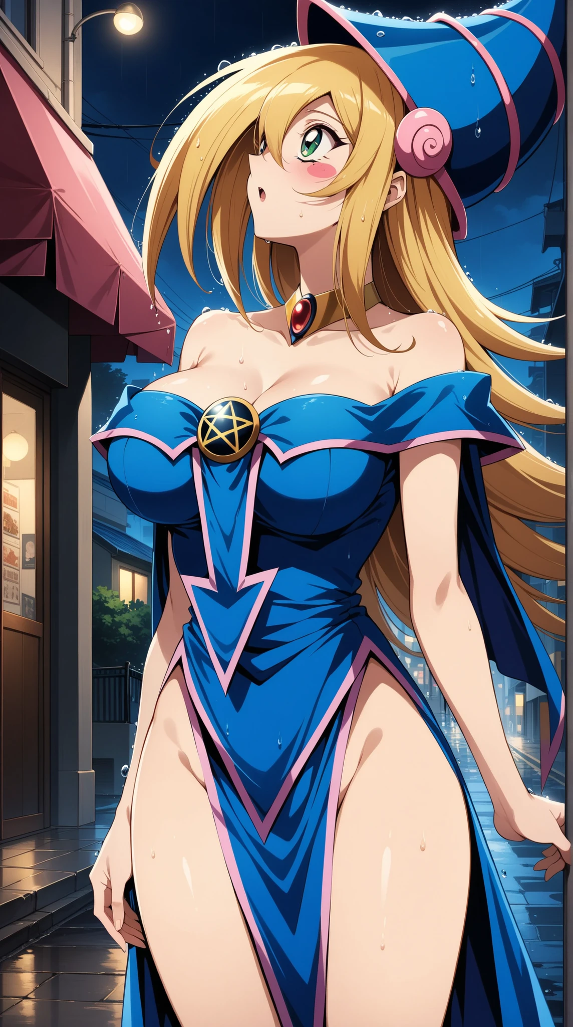 (Masterpiece, better quality, very aesthetic, ultra detailed), prostimulum background Intricate details, 4k, admg , Long Hair, blond hair, has, blue hat , green eyes , blush stickers, breasts, choker, bare shoulder clothing , neckline, blue dress, pentacle , wives, pelvic curtain outfit, falda rosa, street, night, from side, rain, wet, Looking up