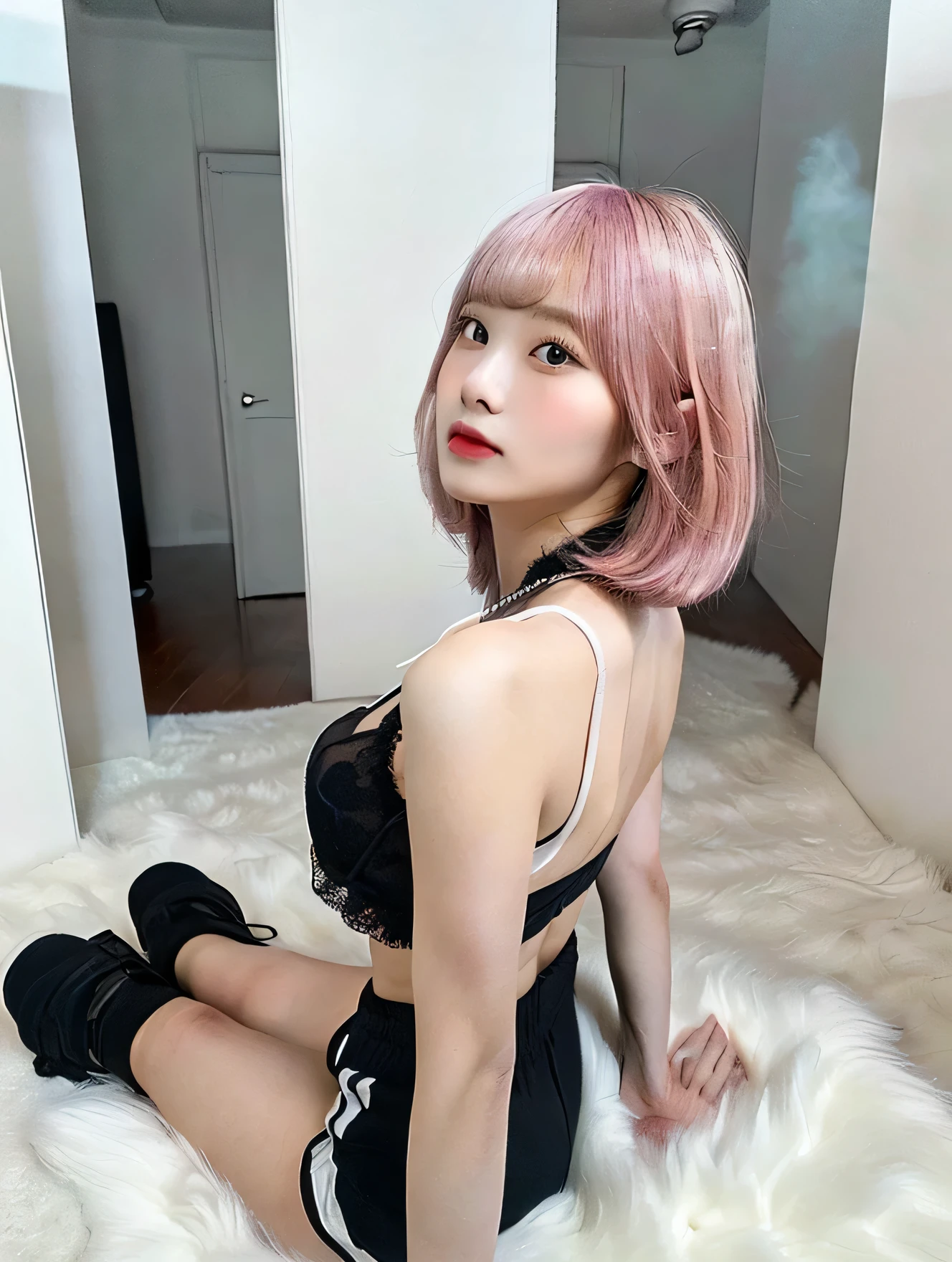 realisitic、top-quality、女の子 1 人、Cat's ears、Pink hair,Short hair,Saliva、Choker、ty、Big bra、OL、Wearing panties、personal computers、houseplant、profetional lighting、embarassed expression、red blush、perspiring、backshots