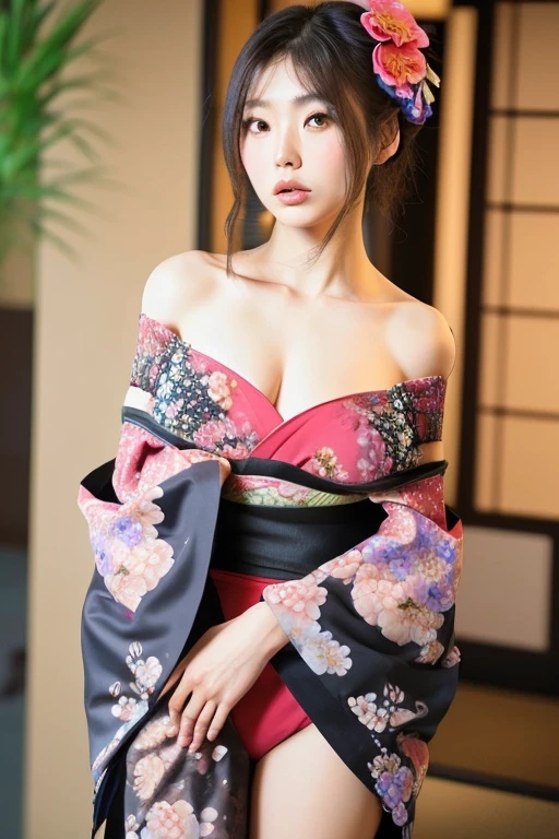 masutepiece, Best Quality, Illustration, Ultra-detailed, finely detail, hight resolution, 8K Wallpaper, Perfect dynamic composition, Beautiful detailed eyes, Kimono, Off-shoulder, cleavage, Full body