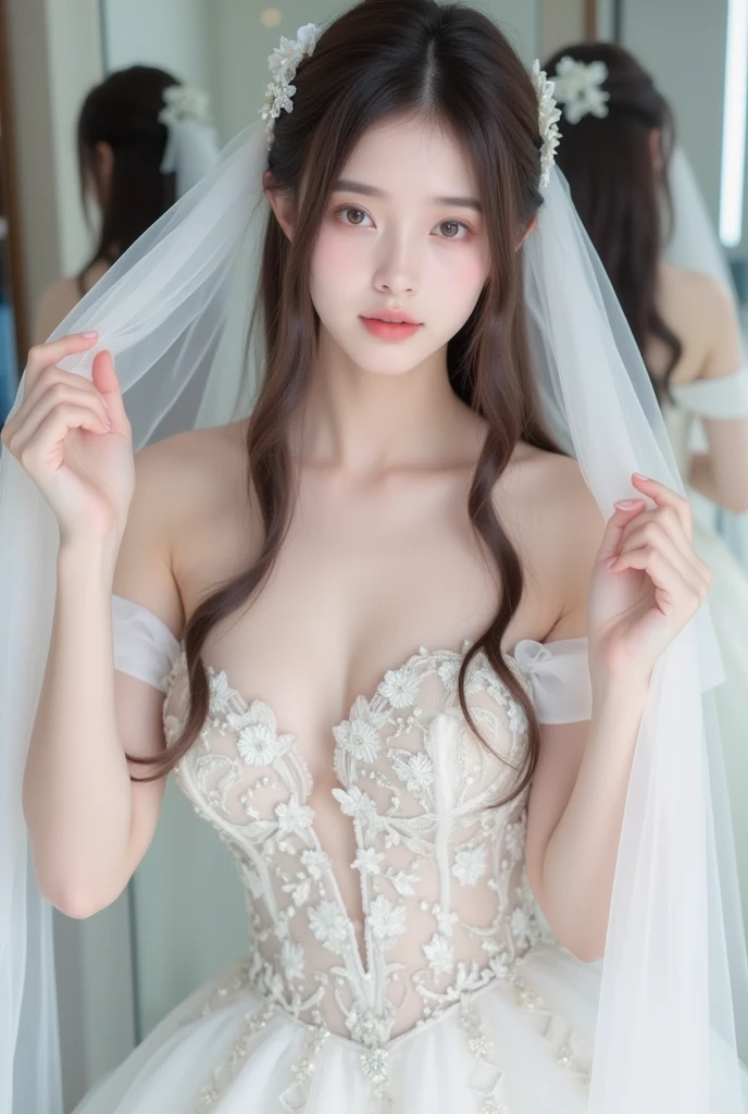 ultra realistic, high resolution, best quality, 4k, erotic, sexy, hijab, beauty indonesian small baby girl, 1 skinny baby girl, flat chest, small breast, skinny body, ((sexy open wedding dress)), a cute hijab girl having sex with a man in random position, sex, flat breasts, 1boy, penis, uncensored, vaginal, nude, pussy, pov, looking at viewer, woman on top position, facing the viewer, viewed from the front, breast focus, in a romantic haven, set in a bathroom, wet body,sweaty,hyper detail, dramatic light, intricate details, ultra realistic body, ultra realistic light, hurt expression, ((at the crowd wedding ceremony:1.3))