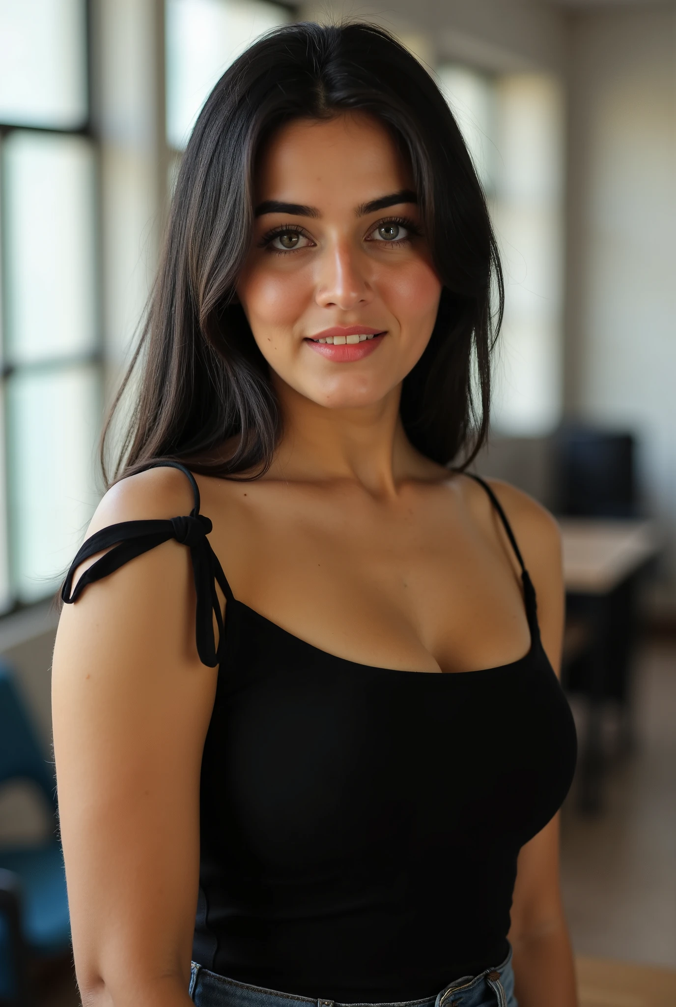Beautiful 23 year old girl, fair complex, black hair, Beautiful Eyes, She is teacher, Marshmallow Black Top, Bare Neck and Shoulder, Big breast, Slim Body, Short Skirt, Sexy Pose, Attractive look, Detailed Image, Well lit Staff room, Seductive look, Watching visiter, Light Make Up, Glowing Face