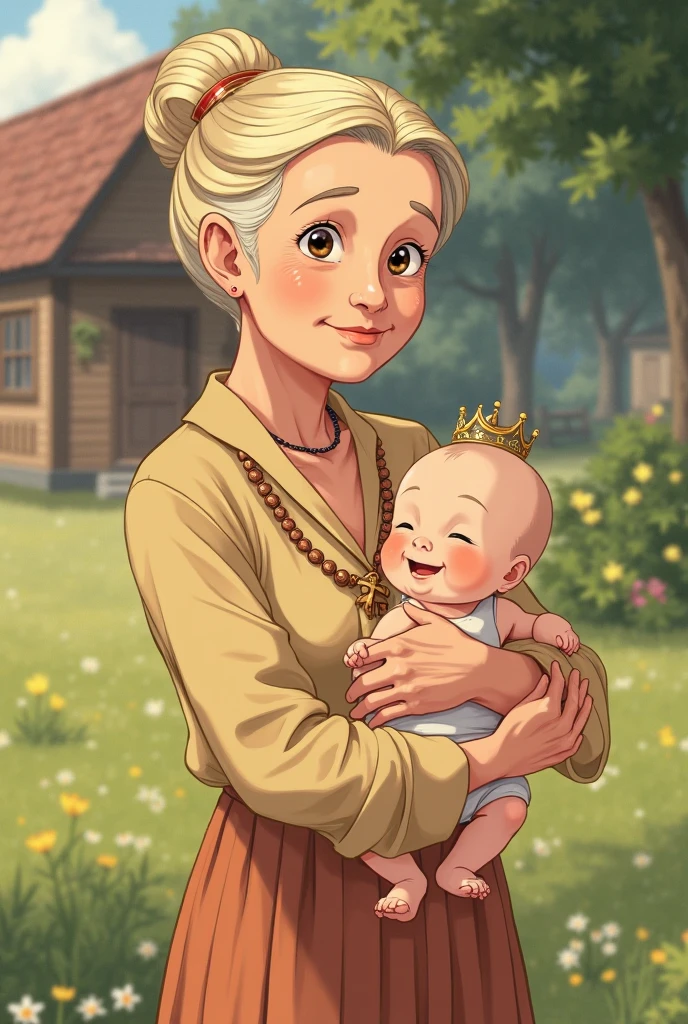 create a picture in which two up boys getting love from their cute old mother, realistic, disney style, vibrant colors