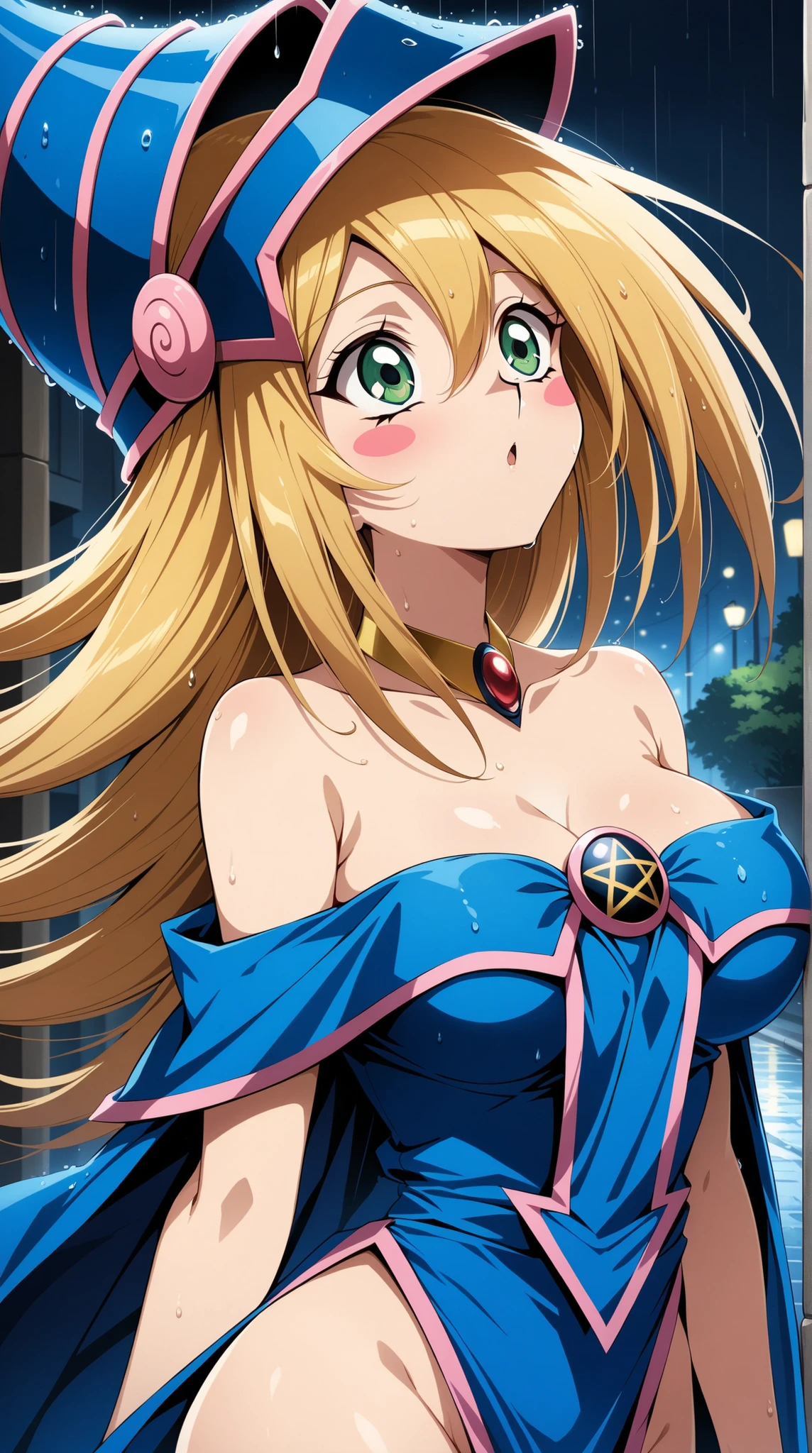 (Masterpiece, better quality, very aesthetic, ultra detailed), prostimulum background Intricate details, 4k, admg , Long Hair, blond hair, has, blue hat , green eyes , blush stickers, breasts, choker, bare shoulder clothing , neckline, blue dress, pentacle , wives, pelvic curtain outfit, falda rosa, street, night, from side, rain, wet, Looking up