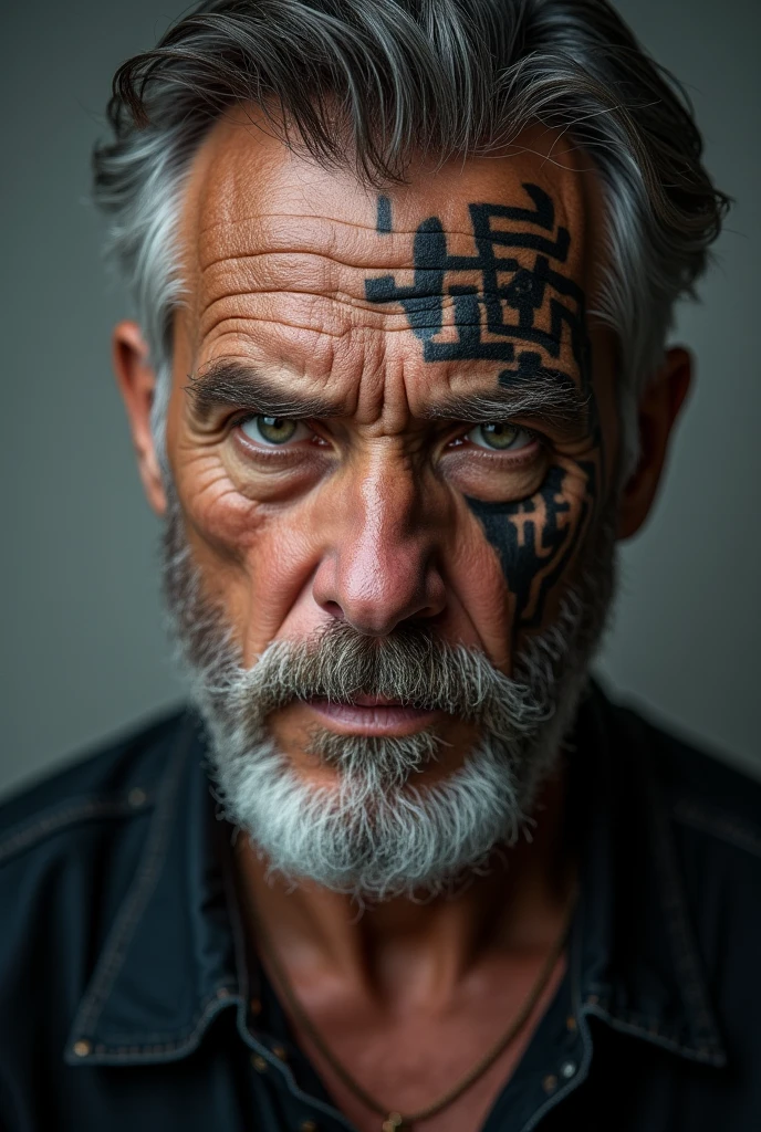 Old man warrior with beat headphones on over his ears a long beard and the word RAW tattooed on stomach above his belly button and the word LIFE tattooed on stomach below his belly button and