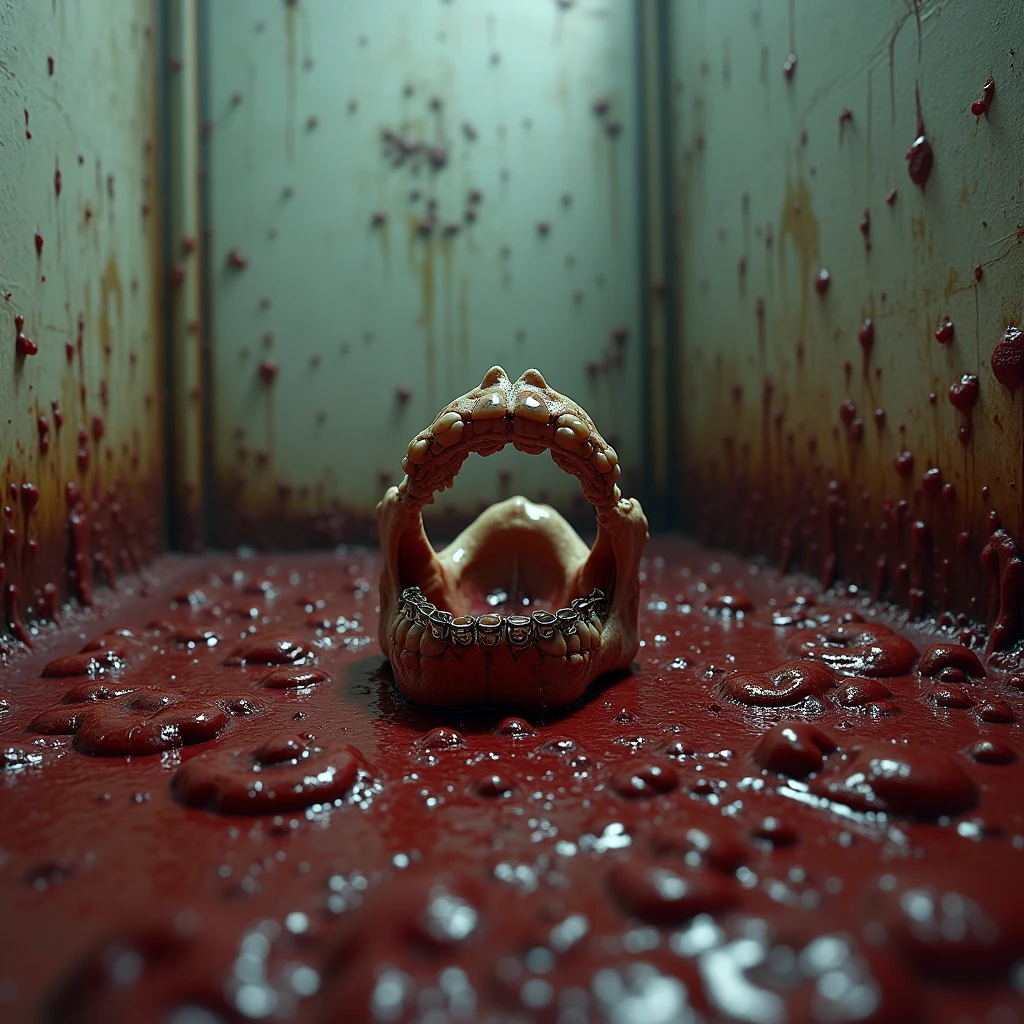 Dramatic, man emerging from inside meat blob, round blob, blood, meat