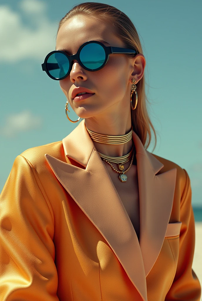 90s woman,gansta rapper . Boss gangster in sunglasses and gold chain. smokes a cigar near club. Rapperoff bare shoulders,oversized clothes,photo depth of field,shadows,grainy,seductive analog lofi (by Oleg Oprisco Laura Makabresku),