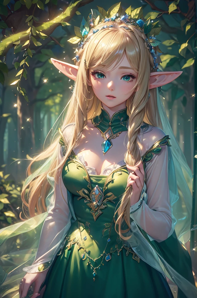 work of art, epic details, ultra detaild, best resolution, blonde, (BEAUTIFUL ELF), crown with crystals ((rosto angelical)), sculptural body, clothes made with green leaves, ((perfect hands))), ((expression of happiness)), (Grinning), great smile, Simple smile, scenario:Enchanted Forest, supper: running among the roses, wildflowers,  no mistakes, (((epic details na face))), (((ultra perfect eyes)))
