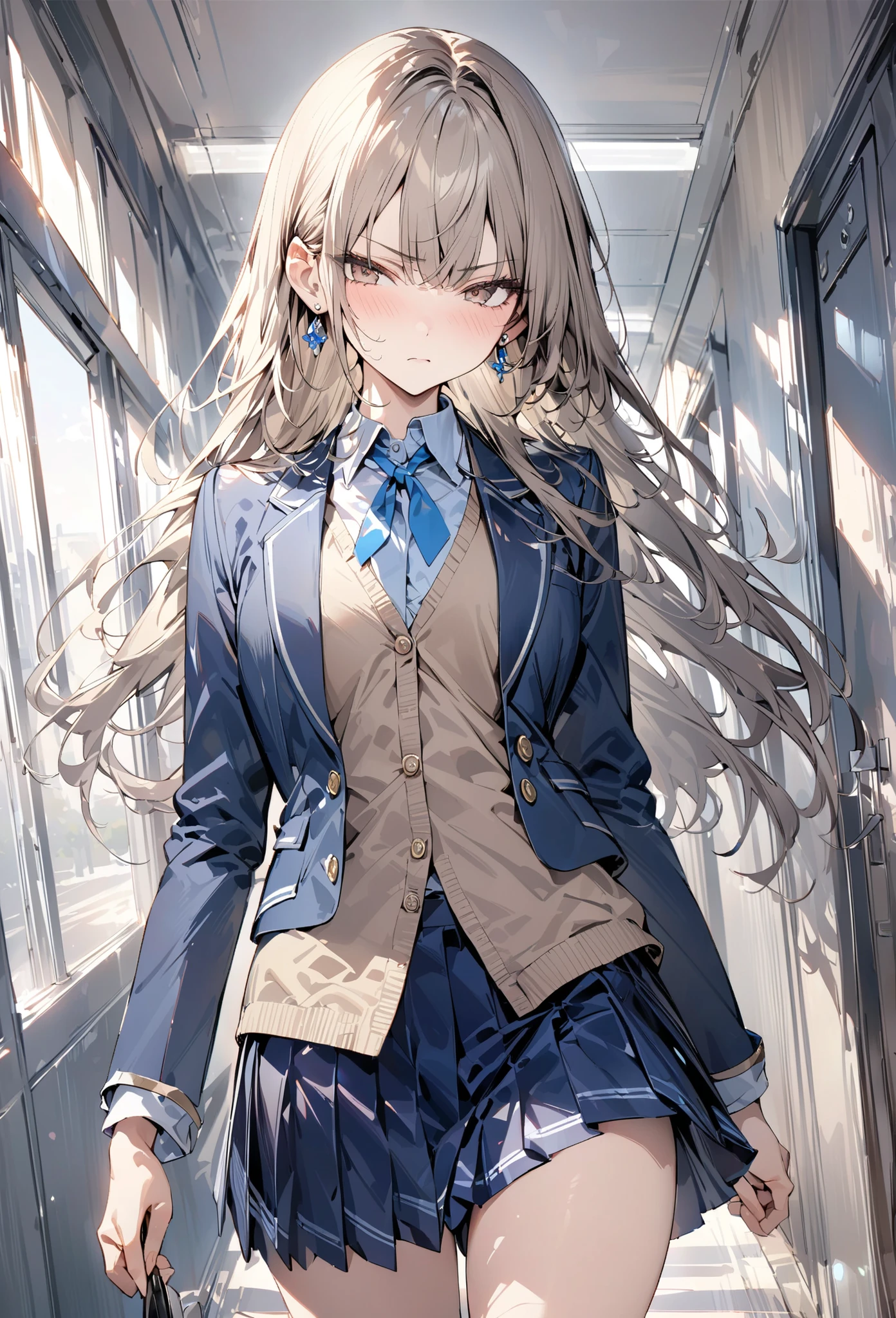 ((masterpiece,super quality:1.2)),(super resolution),(solo),8k,cowboy shot(front),Slender, slender high school girl walking down the school hallway,beautiful face,( Light Brown Long Hair ),Perfect brown eyes,serious expression,high quality navy blue blazer,high quality white school cutter shirt,high quality navy blue pleated skirt,high quality white loose socks,loafers,gold earrings