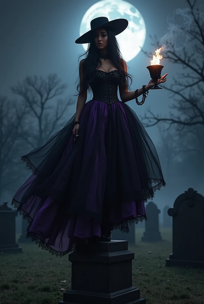 Beautiful gypsy; long black hair; wearing a purple and black dress; barefoot; laughing; night cemetery scenery in the background 