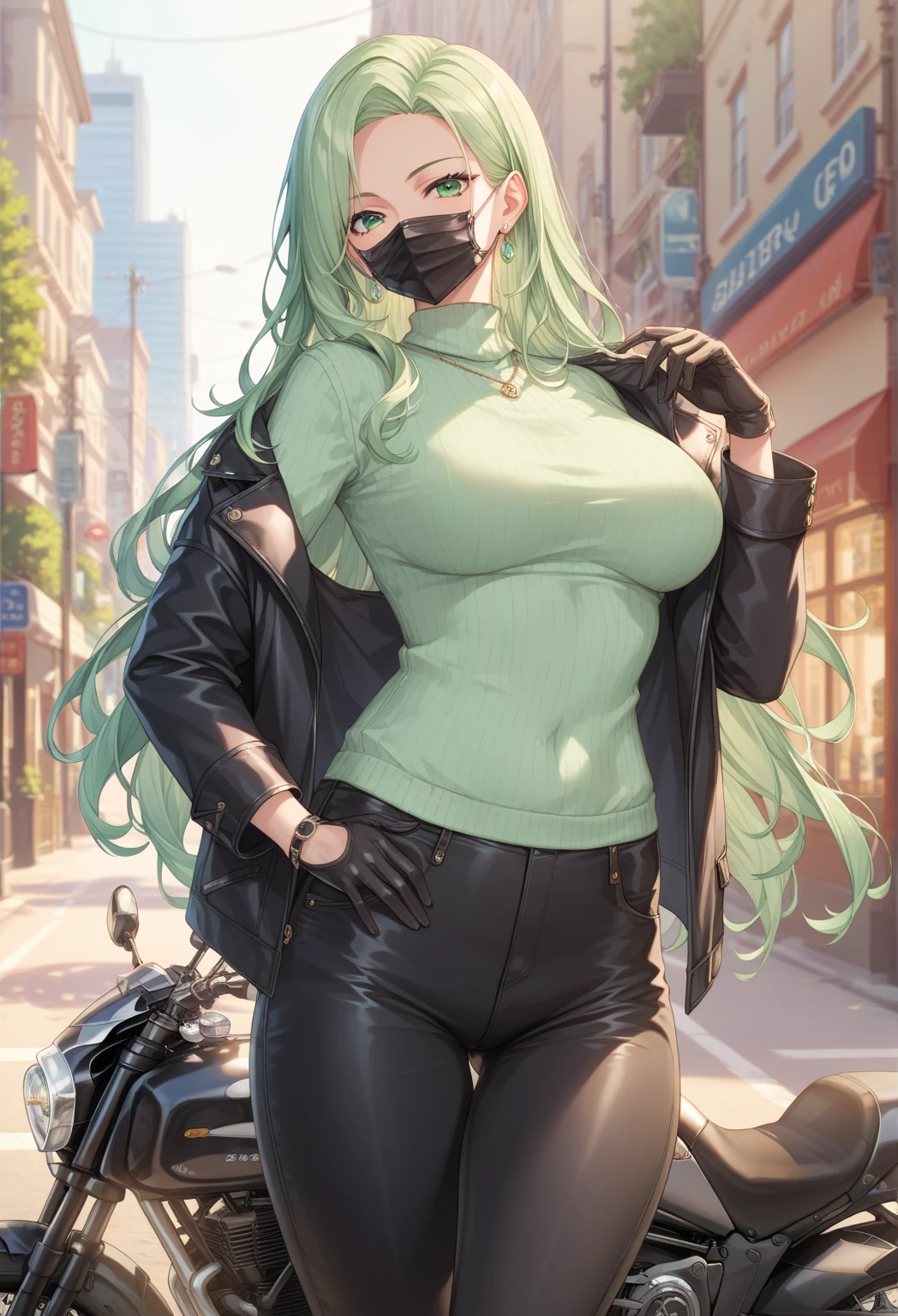 (obra-prima, melhor qualidade: 1.4), (dias modernos), (tiro de cowboy), 1girl, solo, pov, sfw,
namorada deslumbrante, (standingn: 1.1), dinamic pose, (oversized white sweater, Knitted sweater: 1.4), (tight yoga pants, dark gray yoga pants: 1.4), (jaqueta azul marinho curta, jaqueta jeans: 1.4), cabelo verde longo, franja varrida, heart shaped face, rosto elegante, rosto bonito, rosto altamente detalhado, pele altamente detalhada, poros da pele, espalhamento subsuperficial, (olhos verdes detalhados), pupilas realistas, peito grande, sorriso amoroso, olhando para o espectador, rosto cheio de blush, full pouty lips, holding a single cup of coffee, centralizado,
coffee in the background, rua da cidade, dia ensolarado, vento, fundo detalhado, profundidade de campo, atmosphric perspective, volumeric lighting, sharp focus,
Absurdos, Realistic proportions, boa anatomia, (realista, hiper-realista:1.4), 16k HDR,Swimwear、Large Breasts