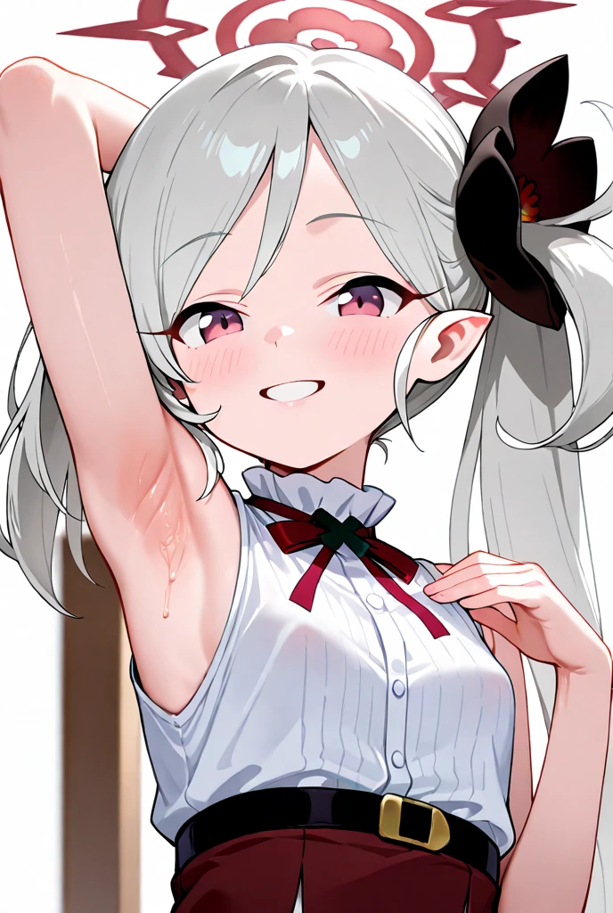 best quality, very aesthetic, absurdres, (1girl, mutsuki, blue archive, solo, red eyes, white hair, side ponytail), (), (open shirt:2), (cowboy shot), (), (glowing eyes:1.1), nsfw, (half closed eyes:0.9), (thigh), expressive eyes, perfect face, 4k, extremely detailed anime illustration, extremely detailed eyes, enhanced details, perfect anatomy, light rays, (gray background:1.5), clear eyes, beautiful face, small breasts, (Chiaroscuro:1.5), (highres:2), undressing