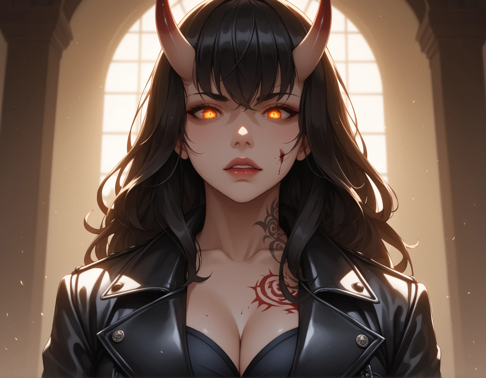 Watercolor, score_9, score_8_up, score_7_up, (Volumetric_lighting: 1.7), (masterpiece), (lora: detailed anime girlsXL), (lora: NoobAI-XL Detailer), (lora: smooth lighting enhancer) (lora: Detailed Background), (lora: NKxXmo's Shaded Face), (lora: SDXL high detailed. LoRA_SDXL_ARW_0010: 0.75), (lora: Waifu Eyes), 1woman, , (cowboy_shot), solo, solo_focus, upper_body, detailed_Face, upper_body, zoomed_in, solo, gothic, oni_horns, tattoos, gothic, leather_bodysuit, combat_suit, glowing_eyes, black_leather_coat, surcoat, patches_on_coat, dynamic_pose, large_breasts, cleavage, blood_on_face, (very_long_hair:1.7), long_black_hair, red_streaks_in_hair, simple_background, bloody_background, standing, bowing_forward, holding_knife, grinning, blurry_background, cinematic_lighting, darkbackground, 8k, realistic, high_quality, detail_focused, foreshortening, blurry_background, (Diminishing scale perspective:1.3), ((forced_perspective))