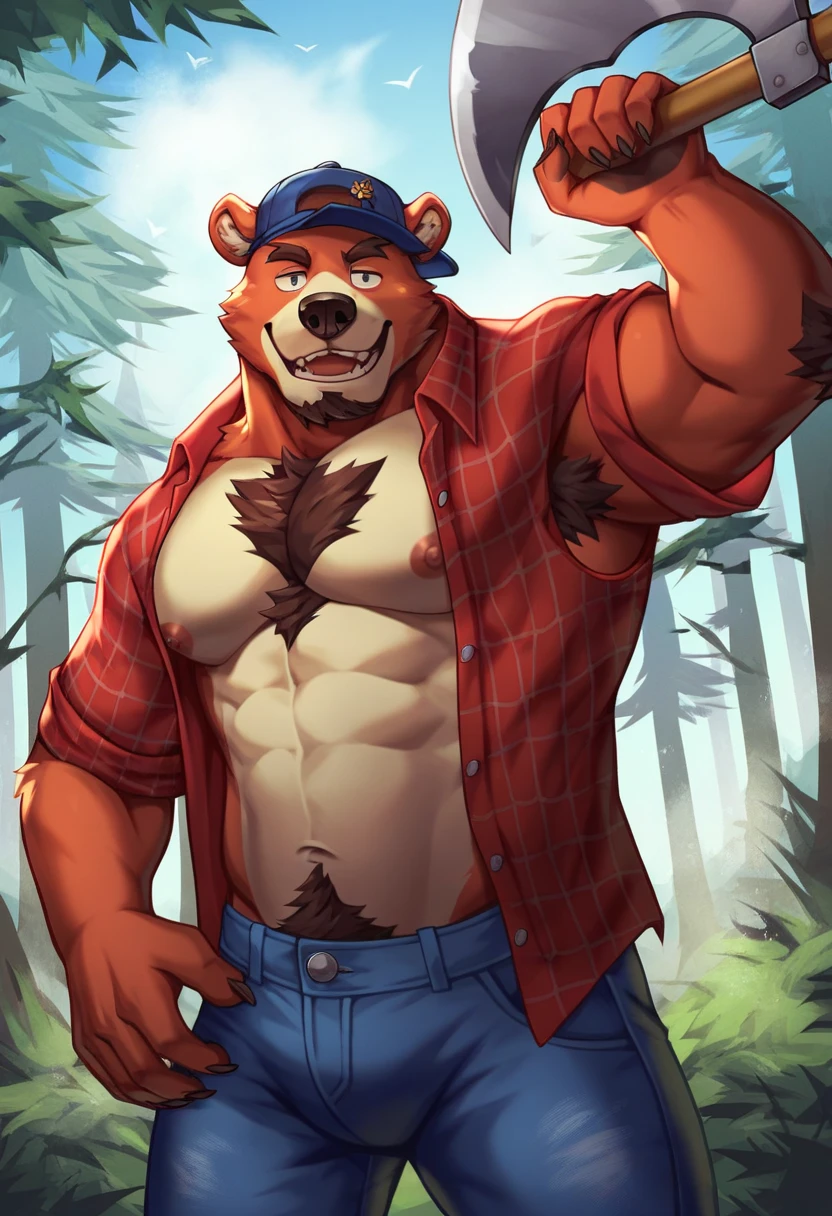 Bear, Male, Solo, Muscular, Wearing Lumberjack Outfit, Fall Season Forest, Sweat on forehead, Sunshine, Pants, Belt, Waving to viewer, Smiling, Handsome face, Sexy, Daddy, Beefcake, Wood Cabin in distance background, Claws, Brown Eyes, Looking at Viewer, (Depth of field, Wide Dynamic Field, Lens Flare, Close Up Shot)), (by null-ghost, by darkgem, by Chunie)