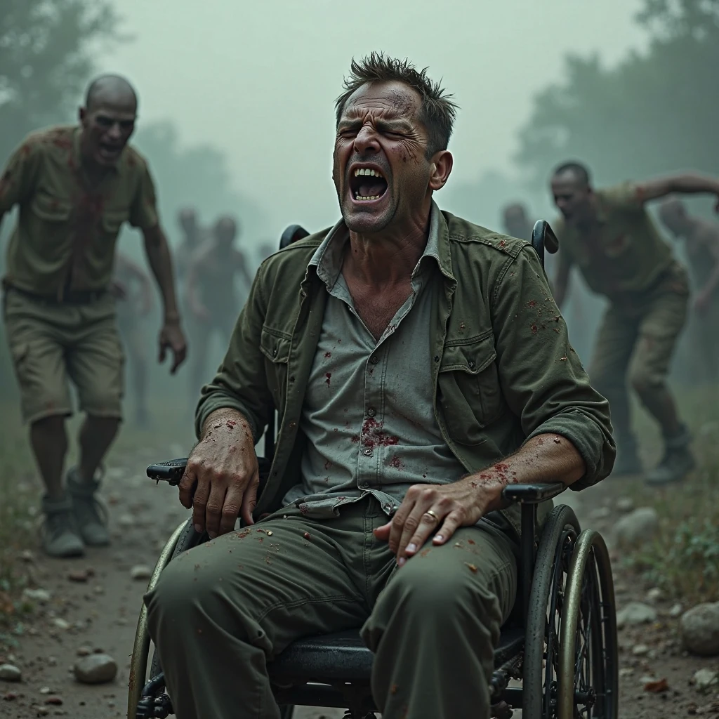 “A shirtless zombie pushes a wheelbarrow with an unconscious person inside.“