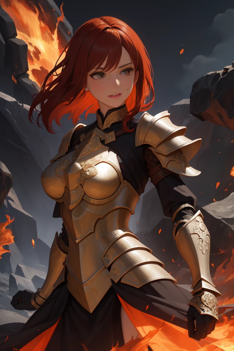 ((((masterpiece, best quality, high resolution)))), Extremely detailed 8K, 1 female, wearing a warrior type of armor, (Ultra HD, Ultra-detailed, Highly detailed, Highly realistic, Ultra-realistic, photograph realistic), (1girl:1.5), (Realistic red hair), (dynamic poses), facing at camera, looking at viewer, (a serious calm face), (regular black eyes, sharp eyes), (perky breasts:1.2), (beautiful detailed face, beautiful detailed eyes), ((armor damaged)), (preparing for a fight), sweat, glow, (sunbeam, sunlight), ((cowboy shot)), battlefield background, seductive, EnvyBetterHands LoCon,