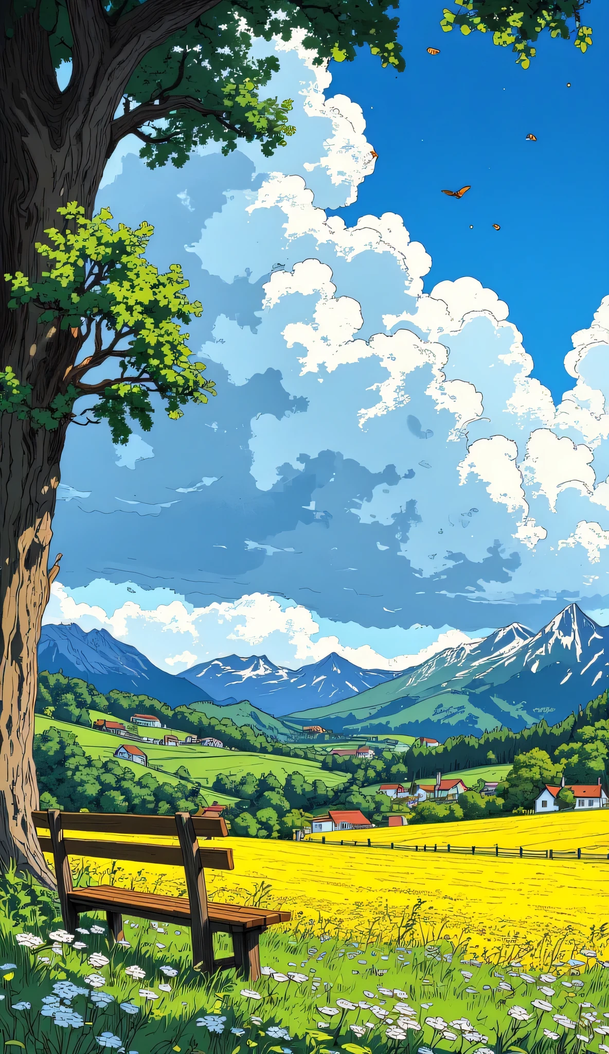 TINTIN!!!!! (Minimalism: 1.4), an anime-style illustration "A beautiful country landscape scene in an illustrative style with vibrant details. In the foreground, a rustic wooden bench and a field of white and yellow wildflowers. To the left, a large tree with a rough trunk and spreading branches cast a cool shade over the bench. In the background, a small village of red-roofed, white-walled houses is scattered among green hills and golden fields. Beyond, towering mountains with sharp, blue peaks rise against a clear blue sky with fluffy clouds. Sunlight bathes the landscape, highlighting the natural colors and creating a calm and inviting atmosphere."
clouds emerging in great detail from a stormy and ominous sky. Thick, dramatic storm clouds loom above us, creating a dark and brooding atmosphere. Ultra 8k!!!