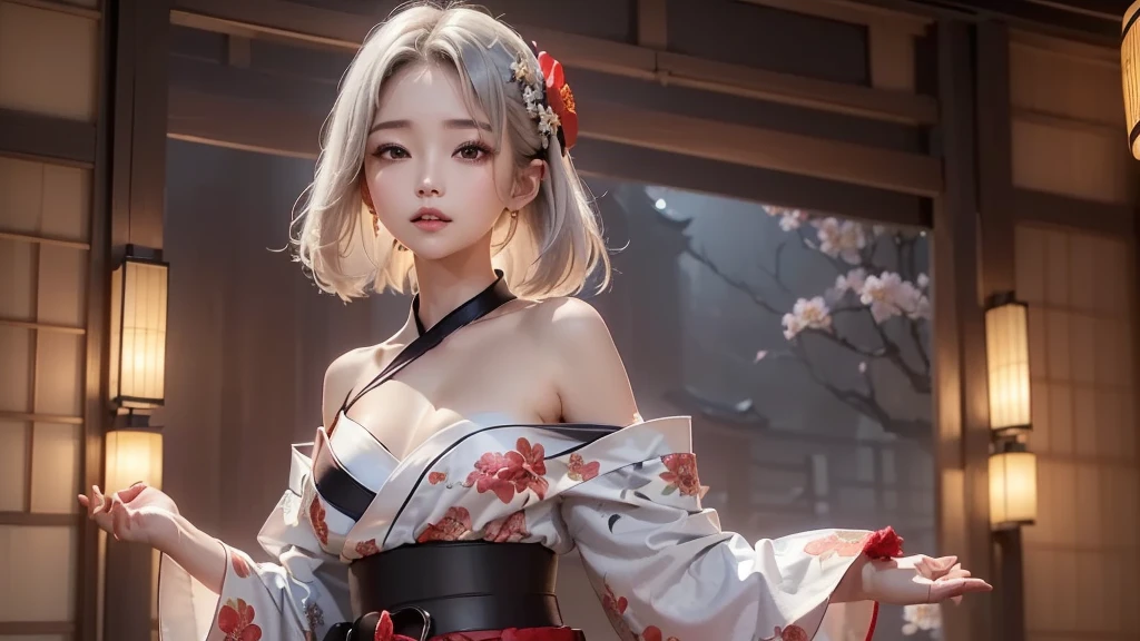 masterpiece,Japanese-style costume design like a game character,Overall red and black,On the roof, Beautiful woman, Black kimono, White floral pattern, hair ornaments, Japan hair,  Silver Hair,high quality, Realistic, detailed, On the roof, Soft lighting, luxury, Grace, Natural posture, high qualityのメイクアップ, flashy、luxury、Nice、Silk texture,  20-year-old woman, Platinum-coloured hair, (High Top Fade:1.3), Shoulder-length hair,(Hair with pink gradation at the ends,) ((Pale red eyes,)) Dark Theme, Calm tone, Calm colors, High Contrast, (Natural skin texture, Hyperrealism, Soft Light, sharp)smile,