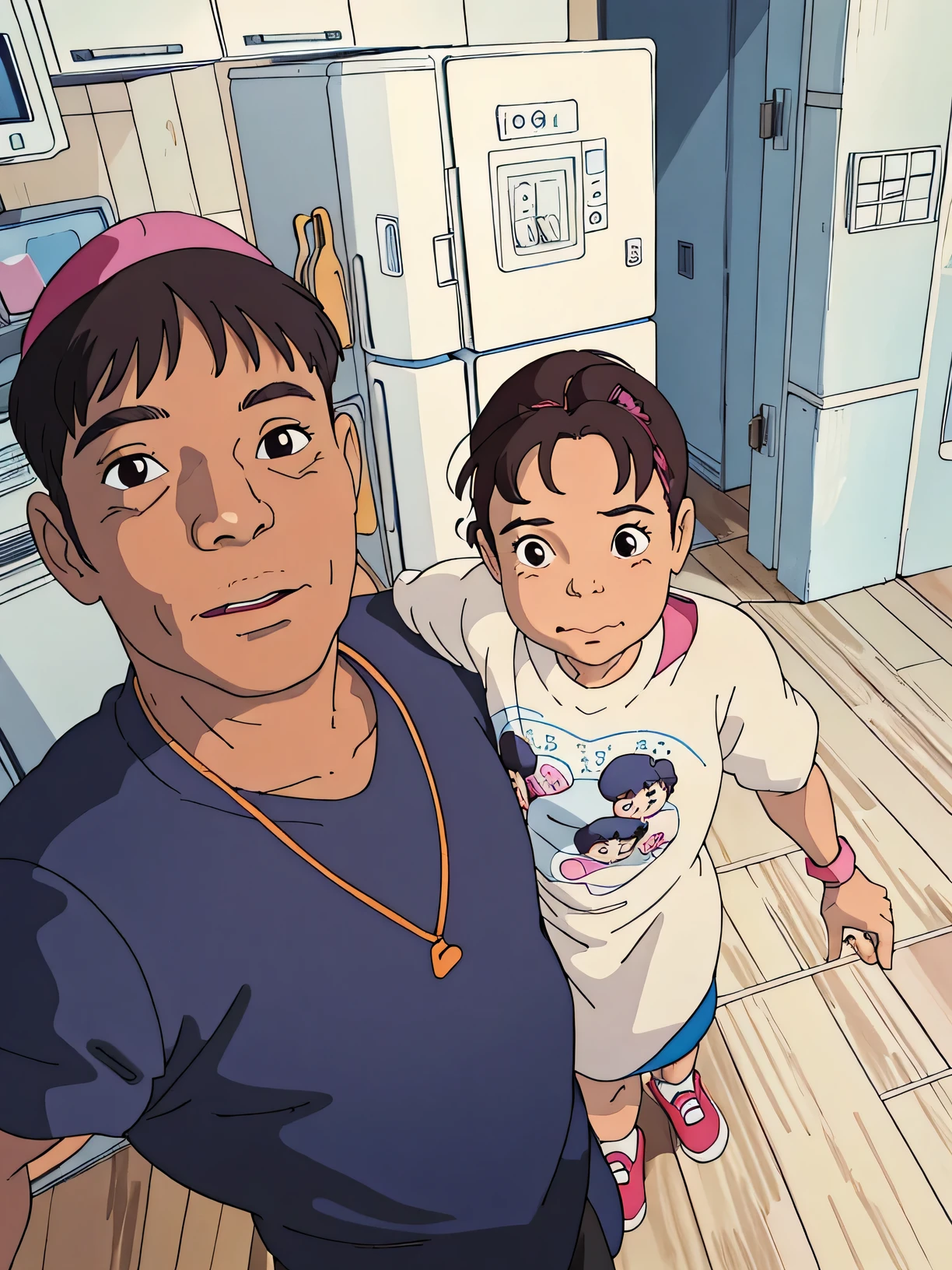 there is a woman and a that are standing in a kitchen, with a , 4 0 years old man, he is 3 , he is about 30 years old, he is about 3 0 years old, 3 , by Willian Murai, , he is about 4 0 years oldghibli style, ((masterpiece)),((best quality)),(detailed),Illustration,8k,colorful, high contrast