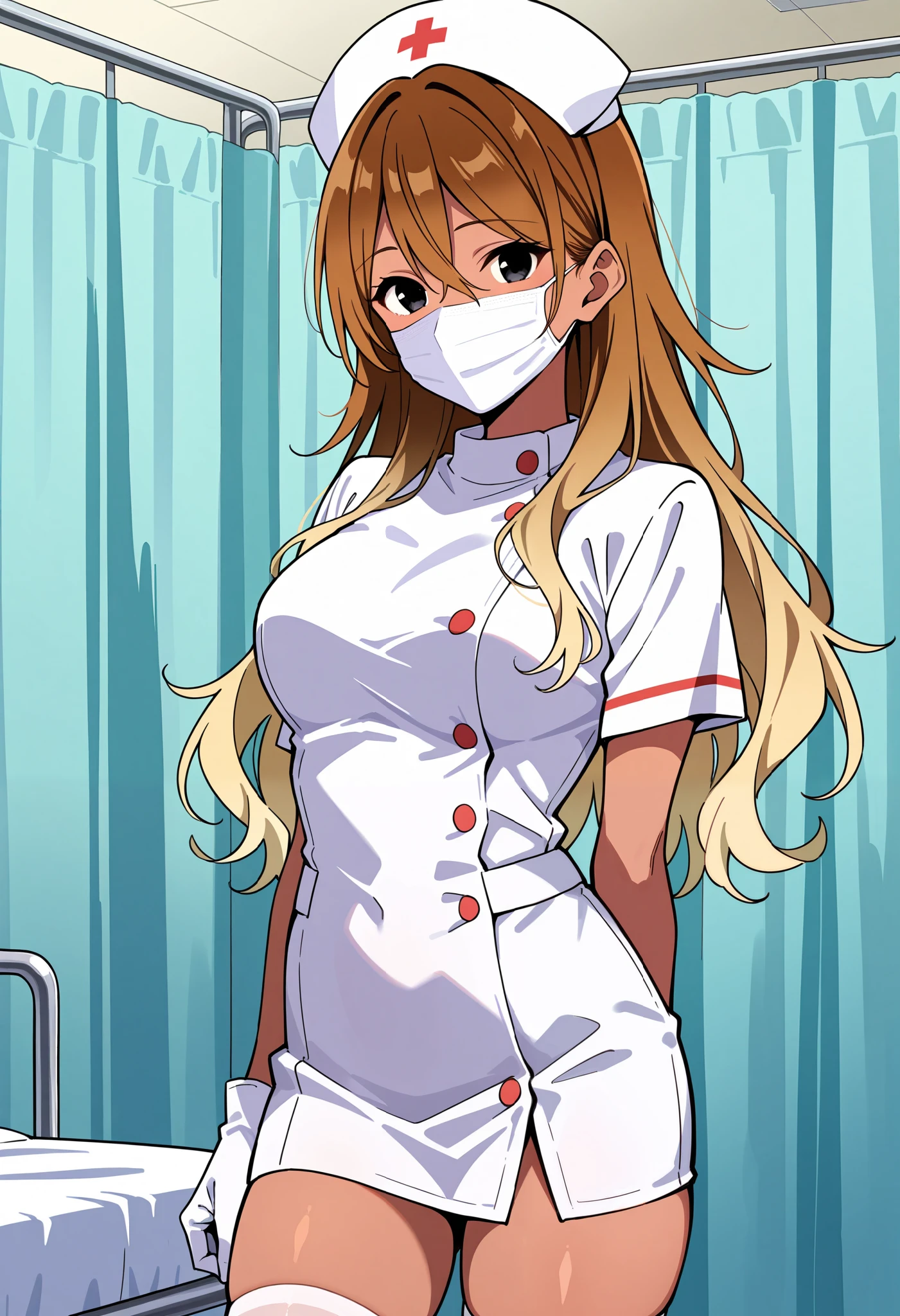 Score_9, score_8_up, score_7_up, source_anime, 1zum1, solo, dark-skinned female, tan, long hair, gradient hair, brown hair, blonde hair, hair between eyes, black eyes, (best quality), (high quality), {masterpiece}, extremely delicate and beautiful, ultra-detailed, beautiful detailed eyes, nurse, nurse hat, ((white nurse's outfit)), white gloves, white thighhighs, hospital room, ((white mask, mouth mask, covered nose)), standing