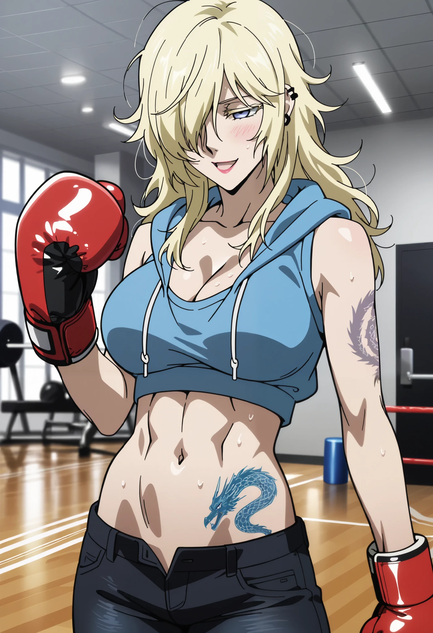 schokolade,jormungand
High quality , best quality , masterpiece, High Resolution ,anatomically correct,),anime coloring,
solo, 1 girl, adult
blue eyes,blonde hair,long hair,hair over one eye,messy hair,large breasts,
, ear piercing, long hair, blush, lipstick,Hot girl, baddie, sensual, attractive,
background, inside gym,indoors, , masterpiece,high
quality,4k,toned, sweating,,,boxing gloves,cleavage,knot, smile, open
mouth, (nsfw) not safe for work,abs, exposed navel, exposed midriff,
exposed lower belly, ,sleeveless hoodie, low rise black
jeans, Low rise jeans with open fly,,, dragon tattoo, narrowed eyes, tattoo midriff,